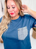 Navy Blue Short Sleeve Top with Denim Front Pocket