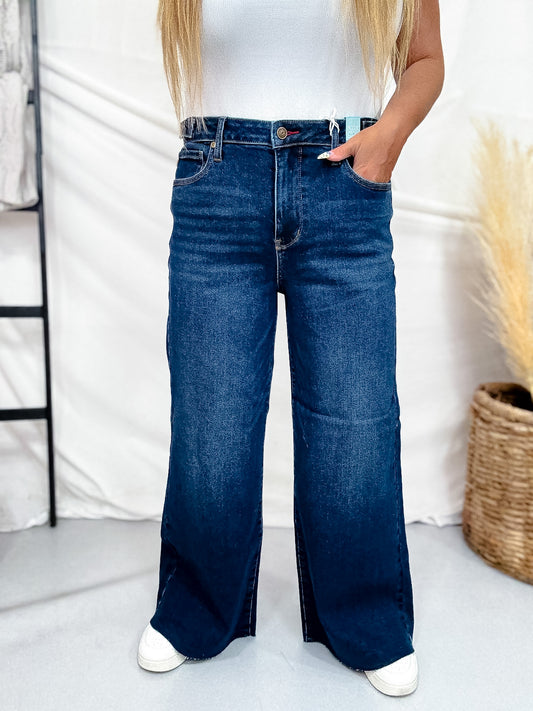 Judy Blue Petite High Waist Retro Wide Leg Jeans W/ Adjustable Waist Tabs