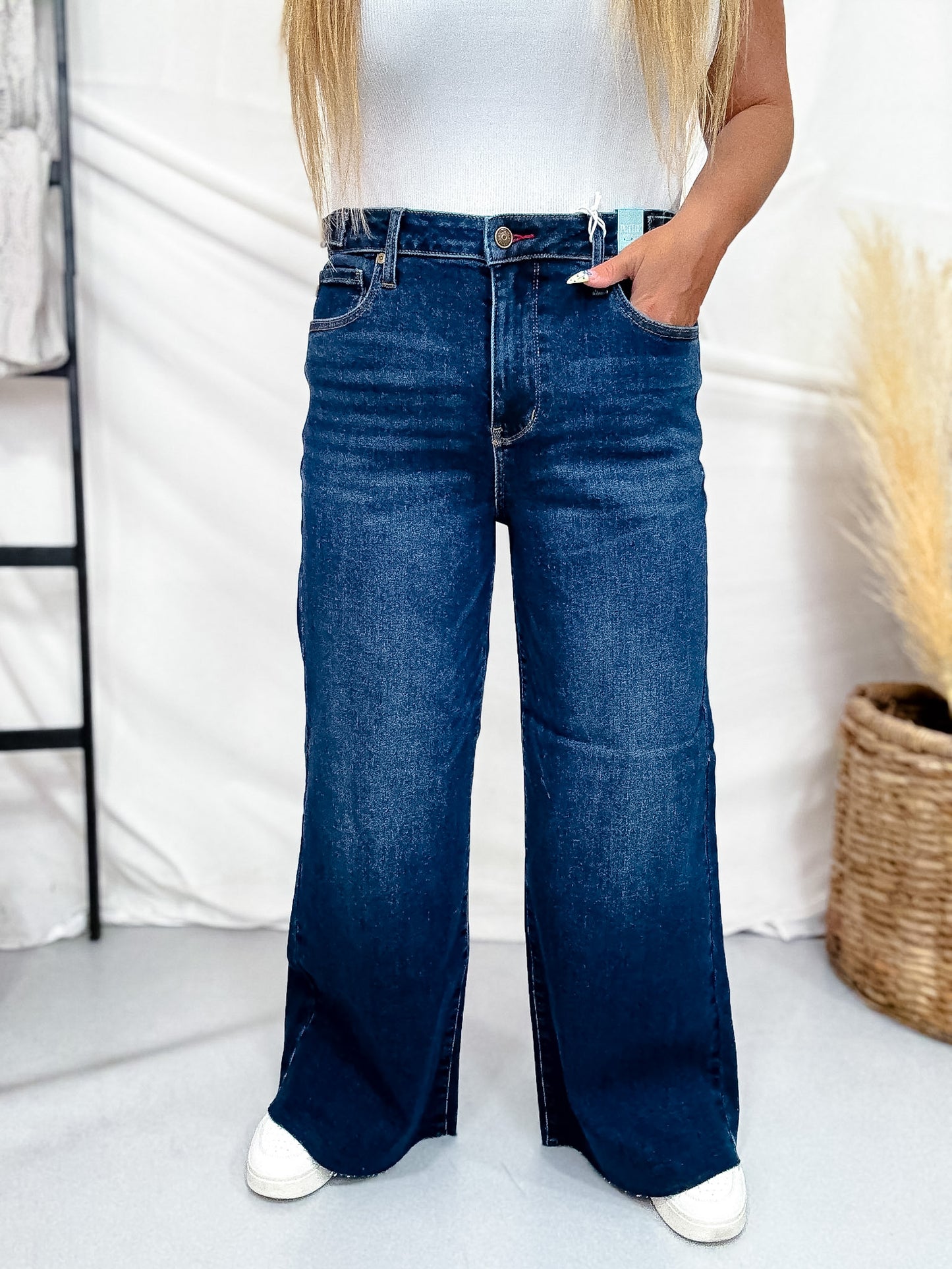 Judy Blue Petite High Waist Retro Wide Leg Jeans W/ Adjustable Waist Tabs