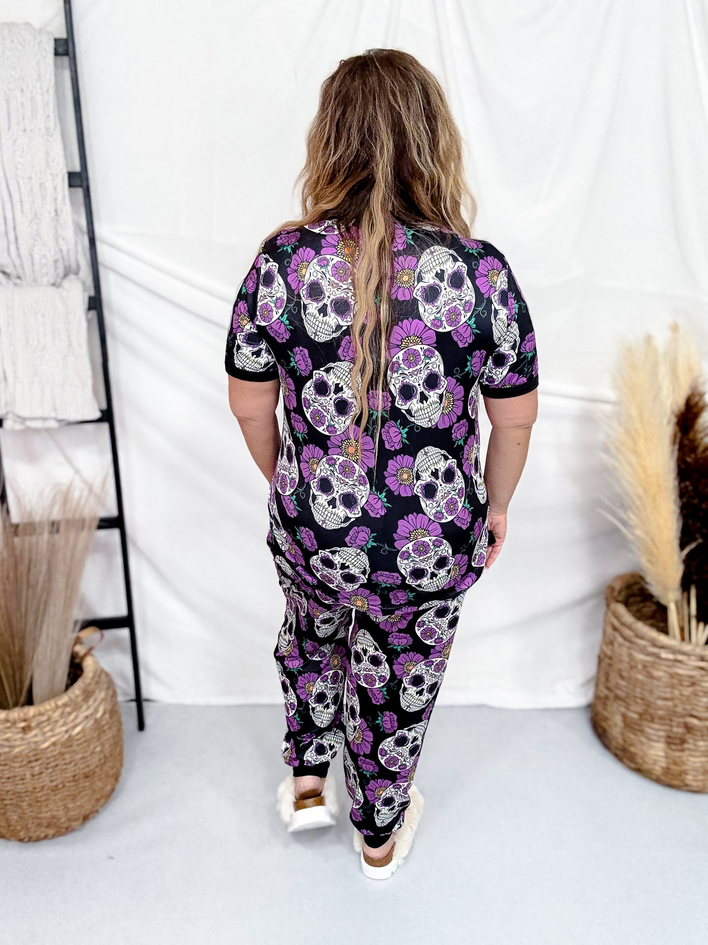 Purple Sugar Skull Short Sleeve Top & Jogger Bottoms PJ Set