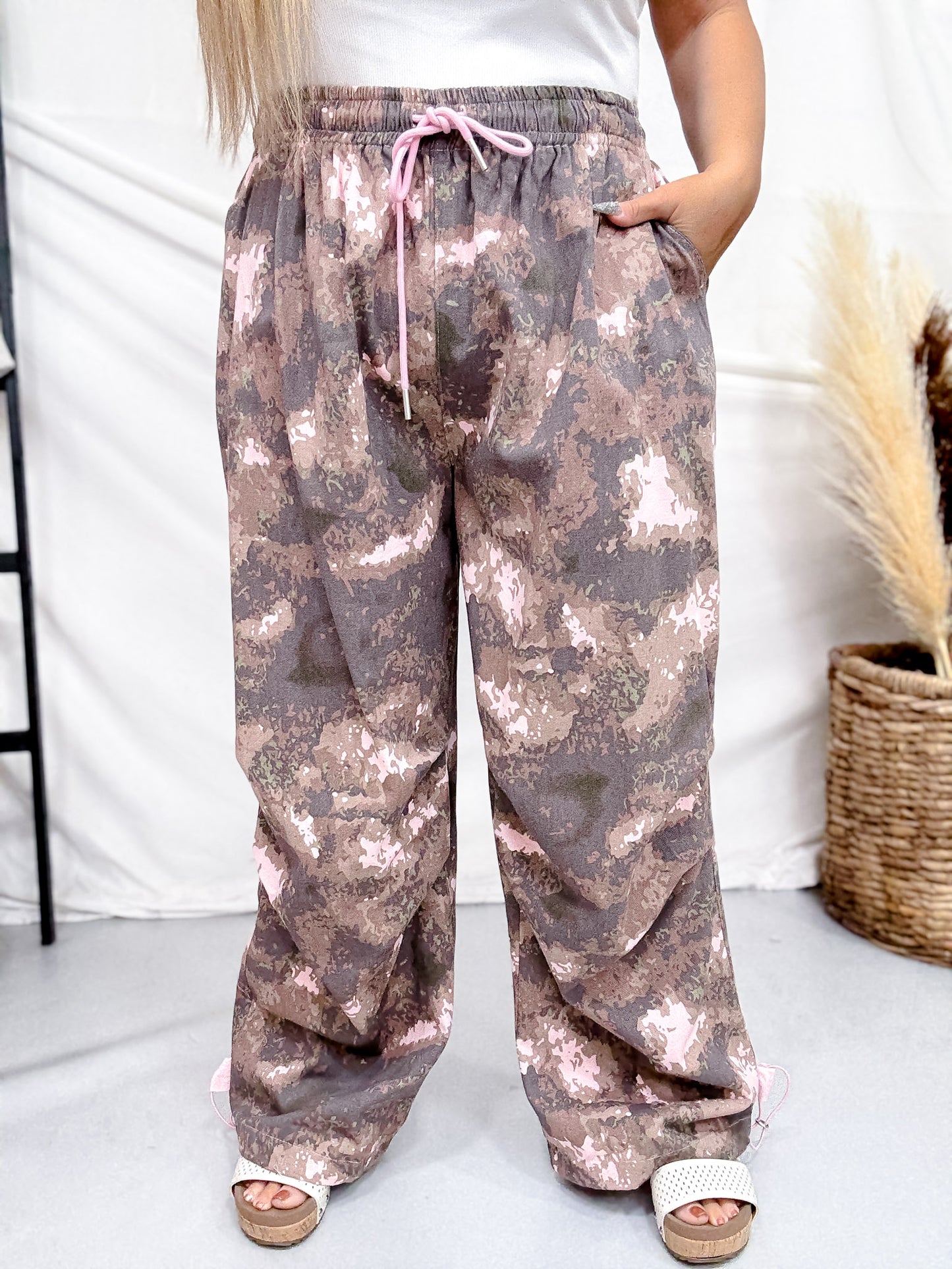 Pink Camo Print Cargo Pants With Adjustable Hems