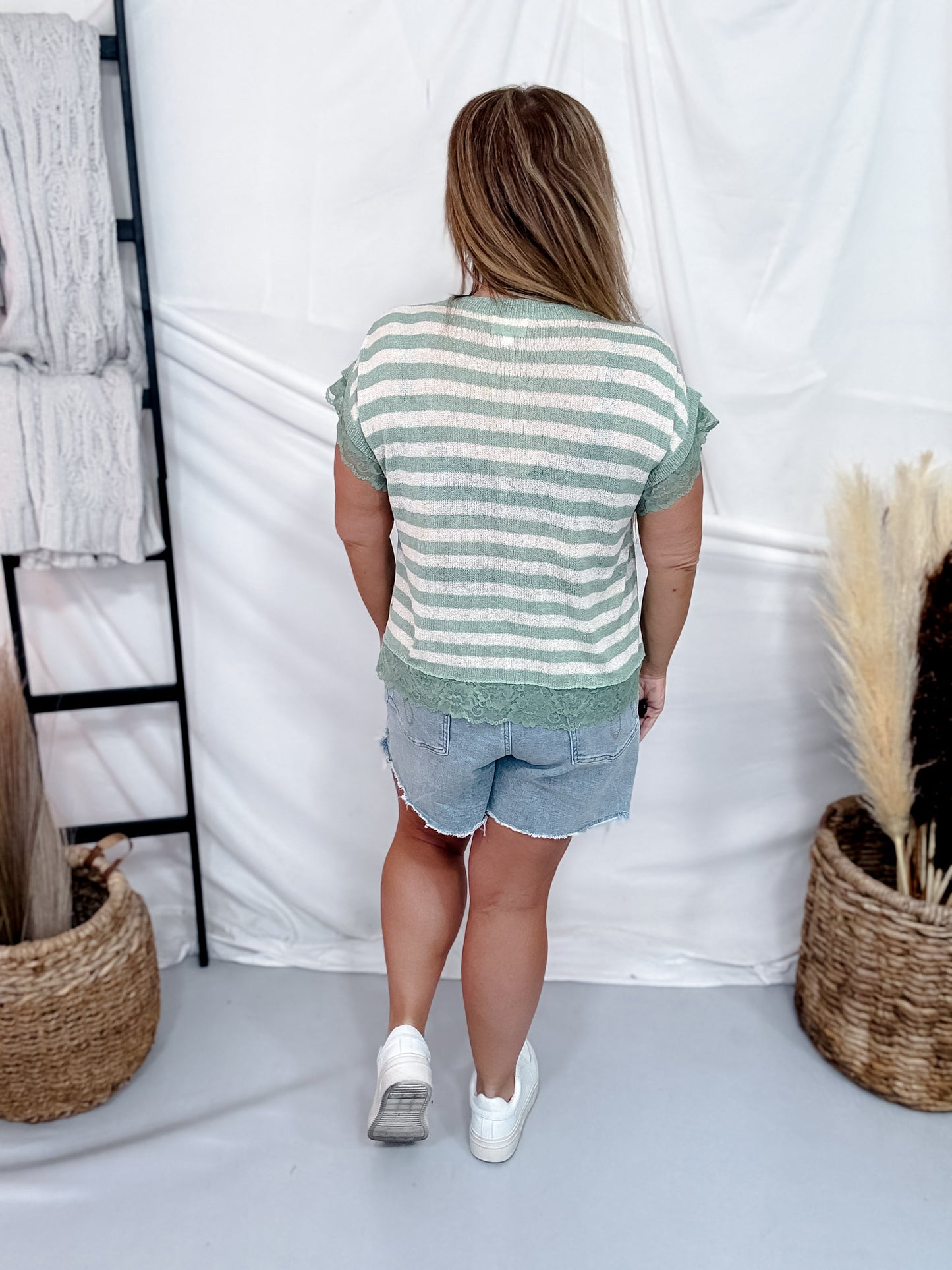 Sage & Cream Striped Knit Short Sleeve Top With Lace Trim