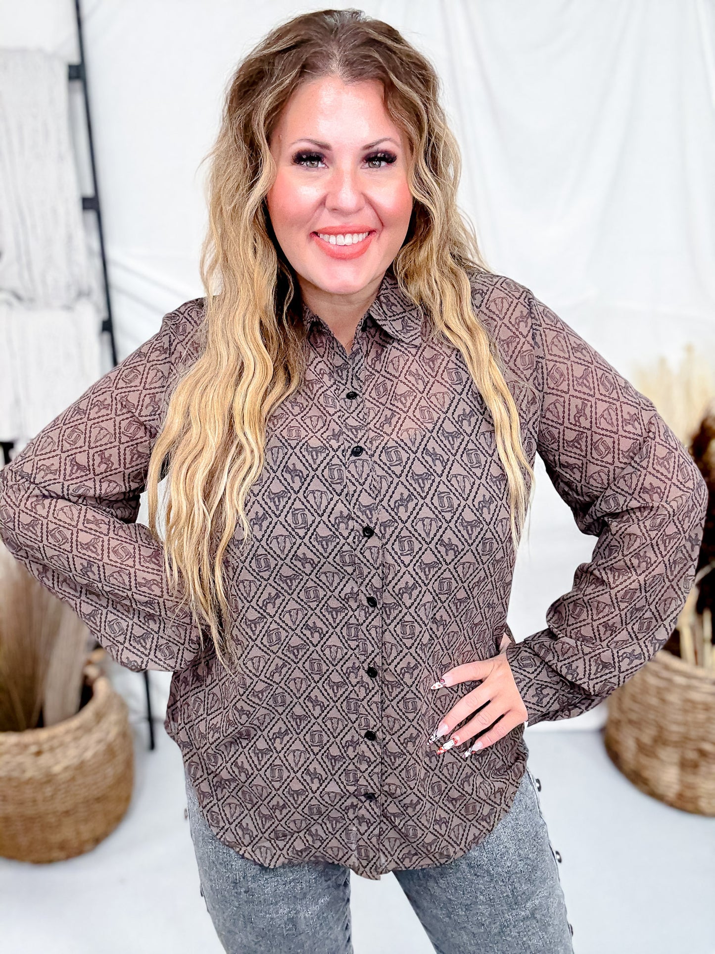 Badlands Sheer Long Sleeve Button Down Top