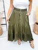 Olive Green Tiered Maxi Skirt With Embroidered Waistband
