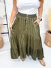 Olive Green Tiered Maxi Skirt With Embroidered Waistband