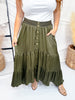 Olive Green Tiered Maxi Skirt With Embroidered Waistband