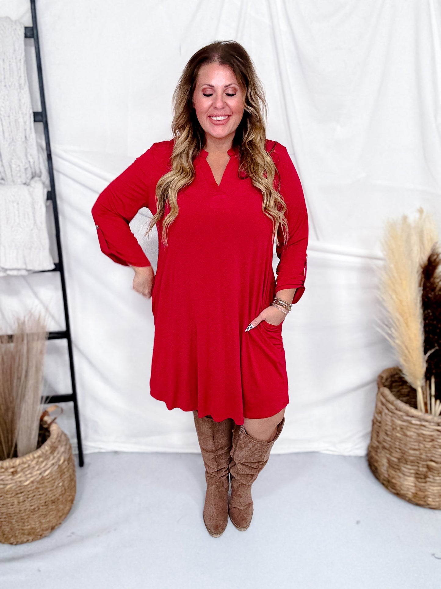 Jewel Red Long Sleeve A-Line Dress