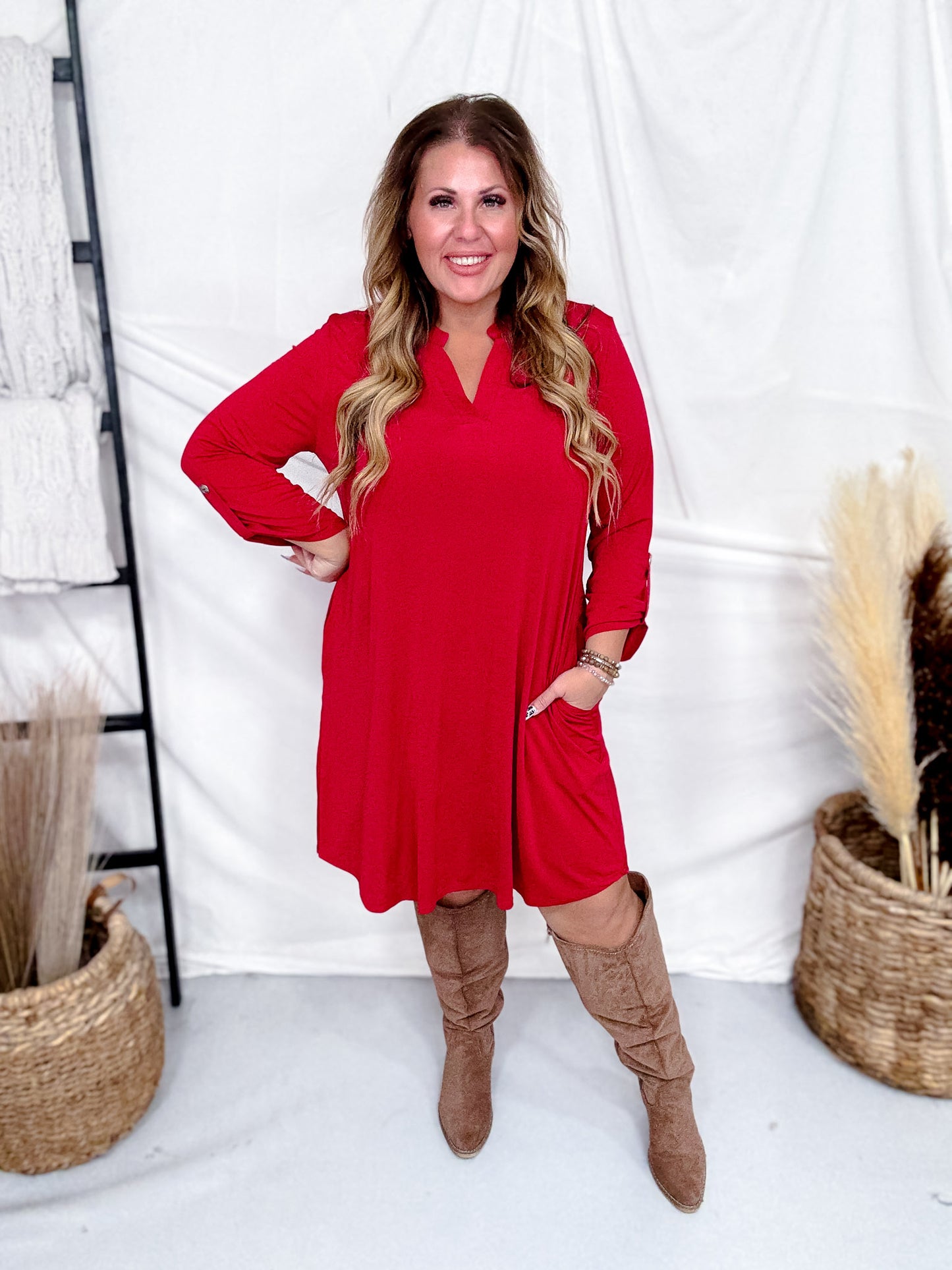 Jewel Red Long Sleeve A-Line Dress