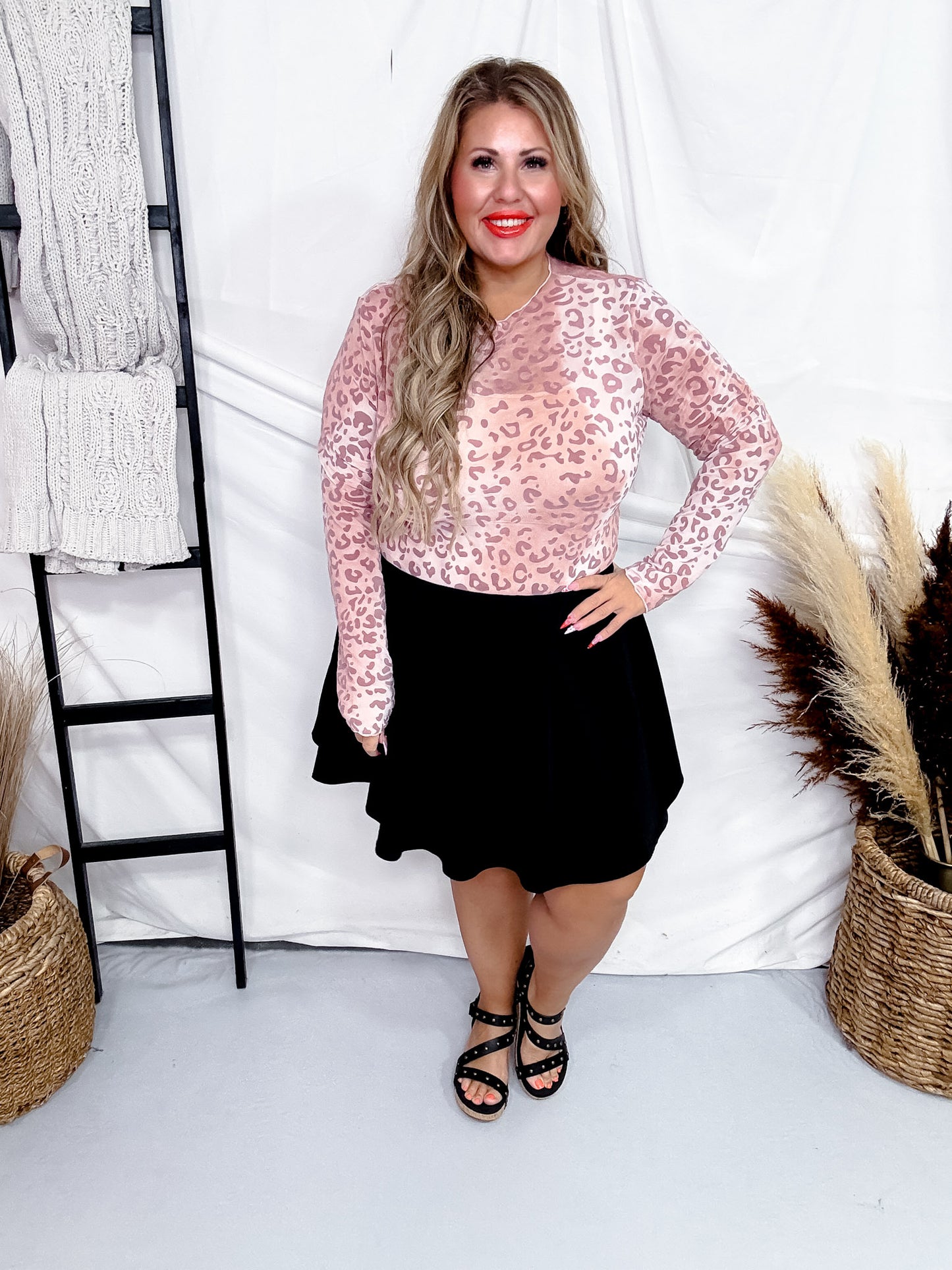Pink Leopard Print Long Sleeve Mesh Layering Top