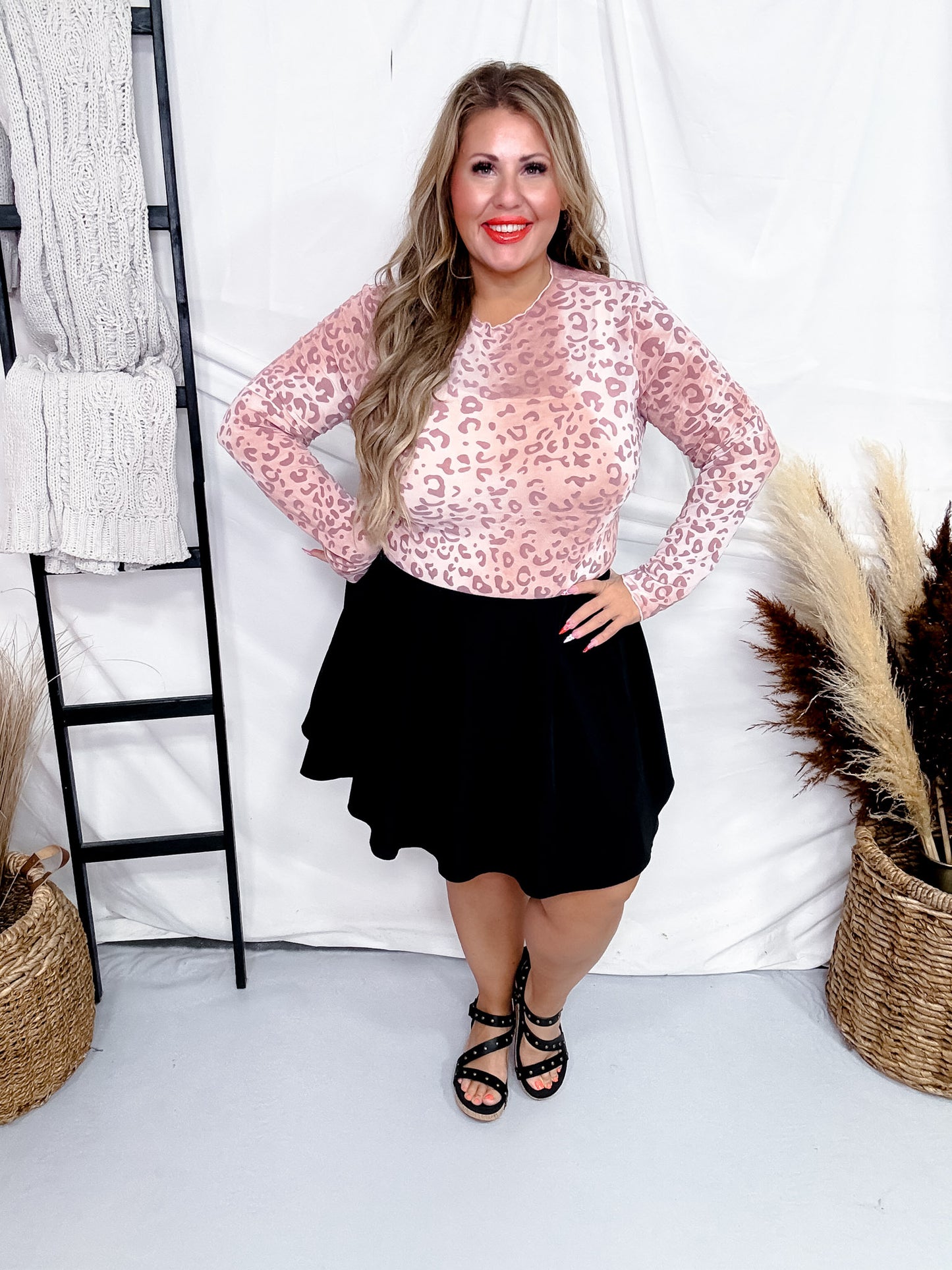 Pink Leopard Print Long Sleeve Mesh Layering Top