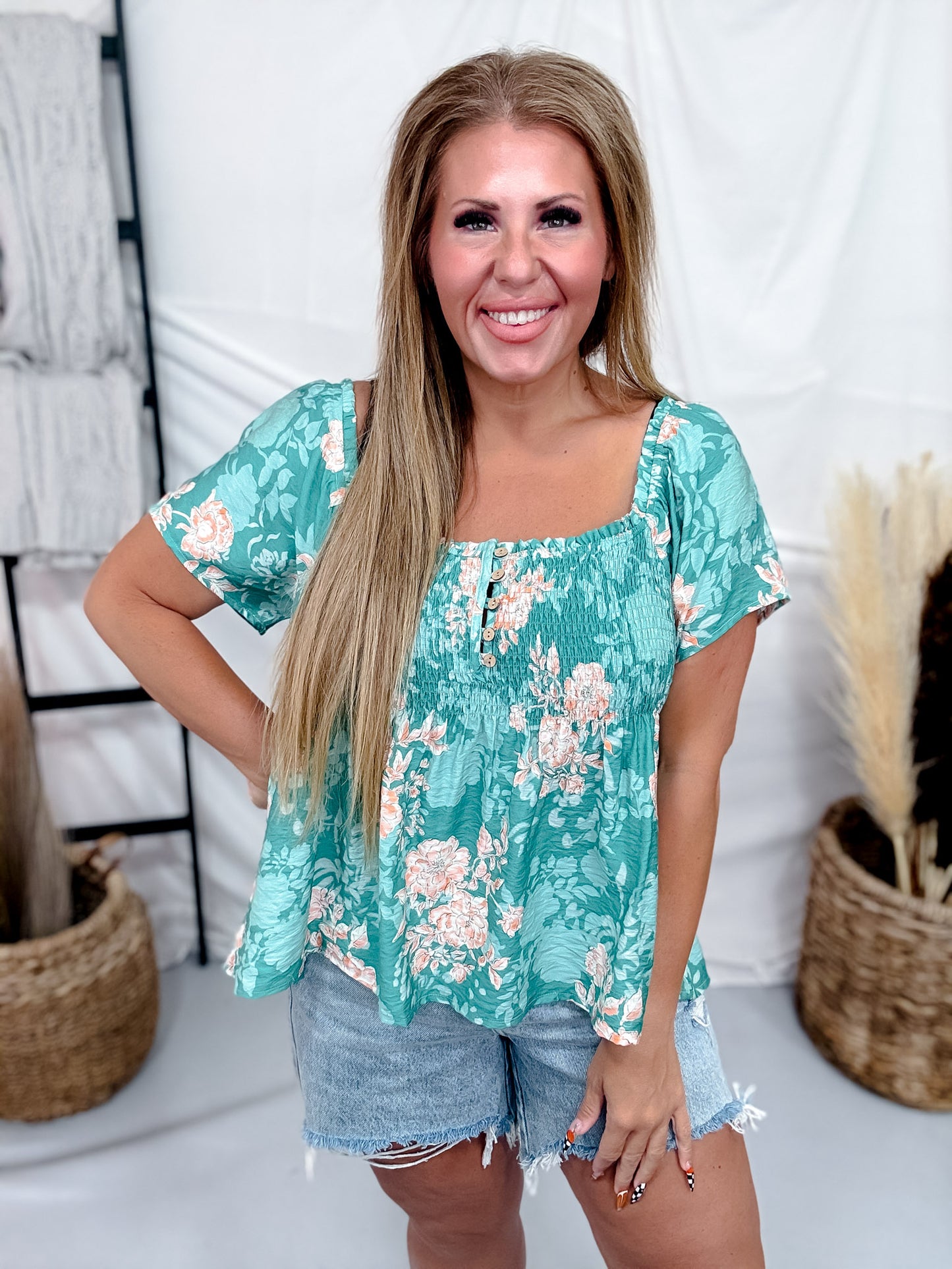 Jade & Peach Floral Print Top With Puff Sleeves