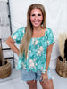 Jade & Peach Floral Print Top With Puff Sleeves