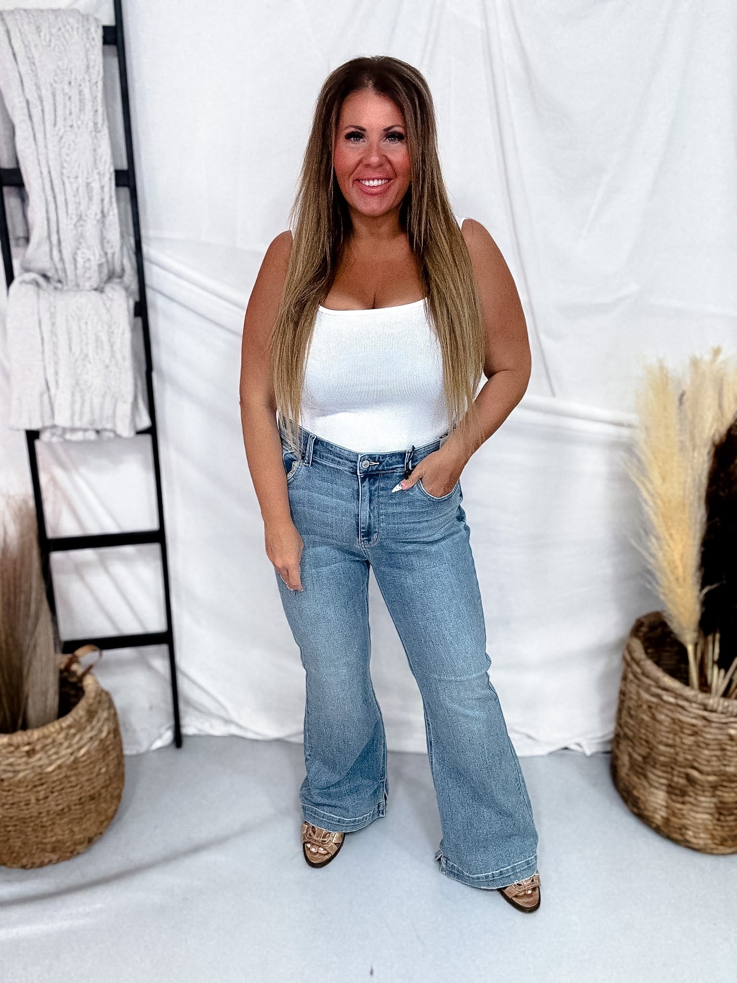Judy Blue Mid Rise Flare Jeans With Slit Hems (Three Inseams)