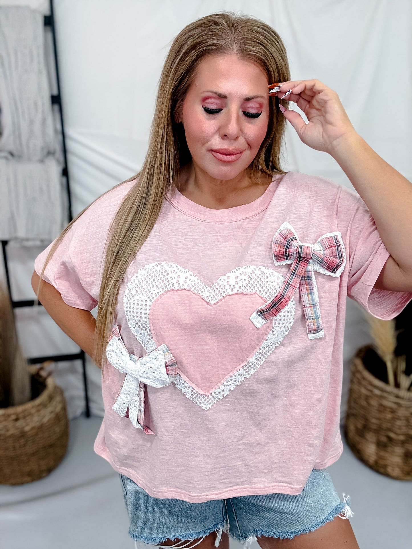 Pink Mineral Washed Tee With Heart And Bow Appliques