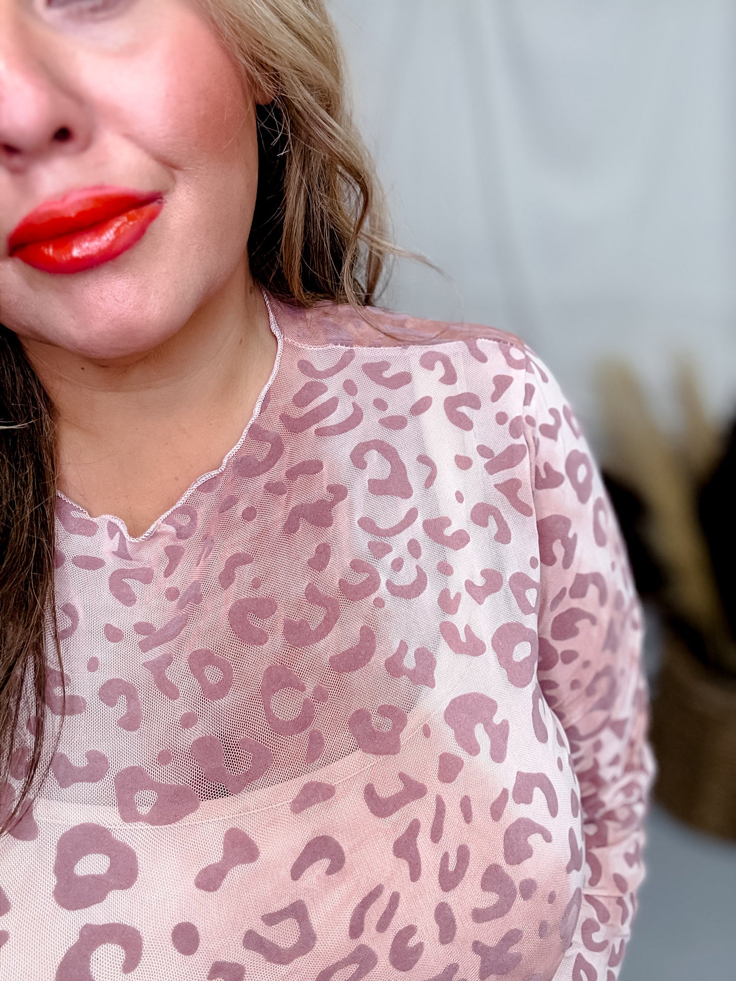 Pink Leopard Print Long Sleeve Mesh Layering Top