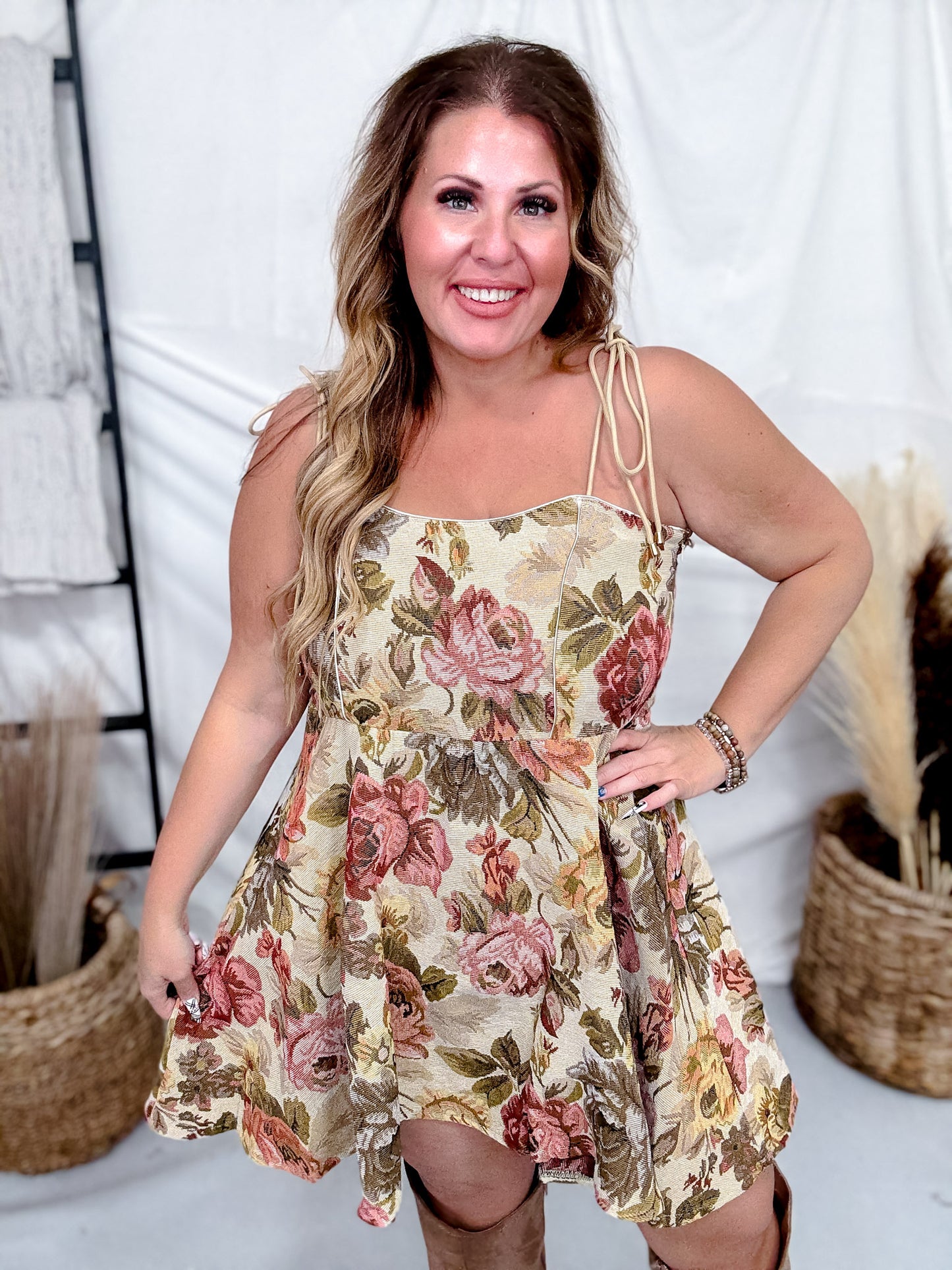 Jacquard Floral Print Tank Mini Dress