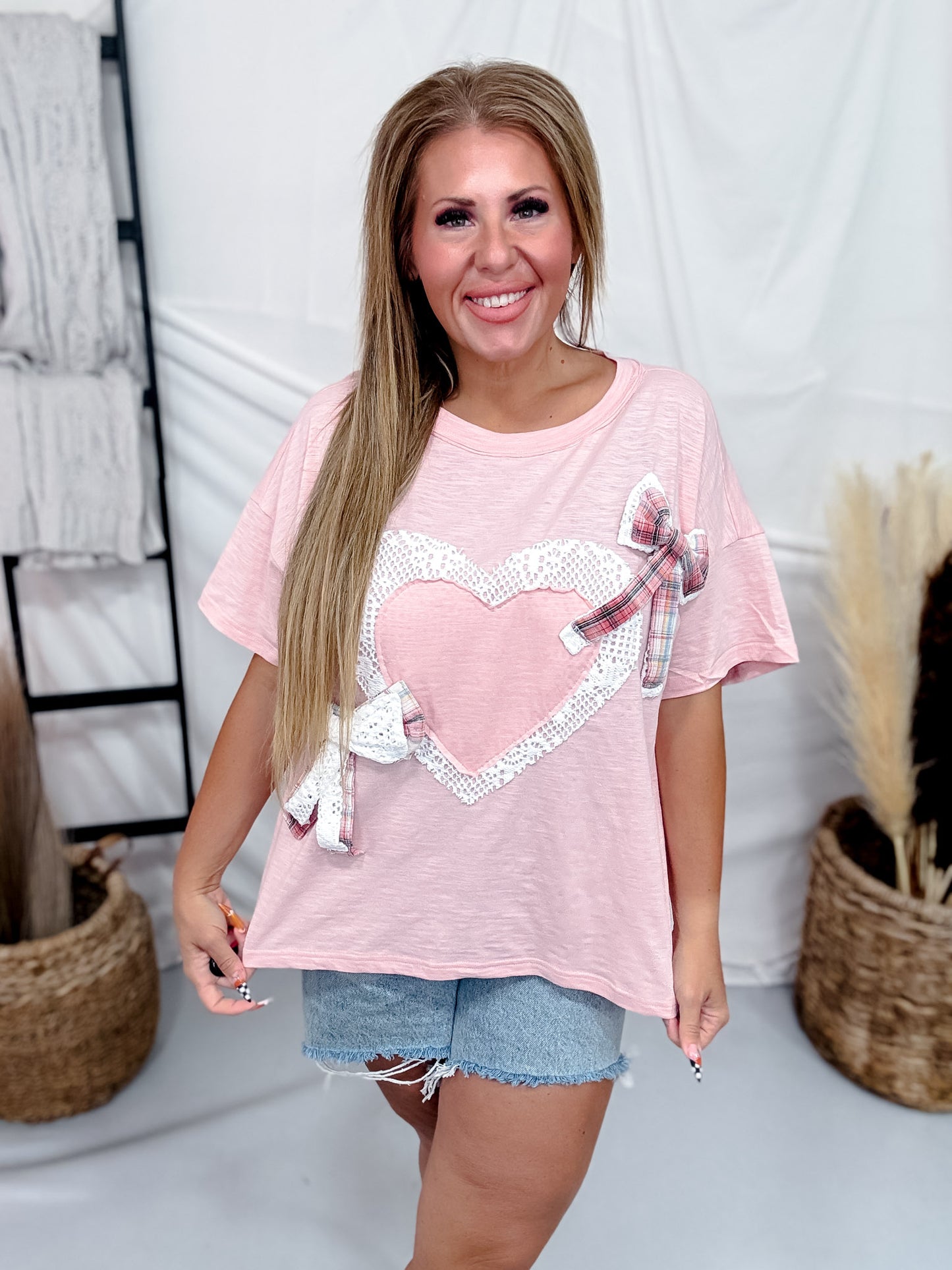 Pink Mineral Washed Tee With Heart And Bow Appliques
