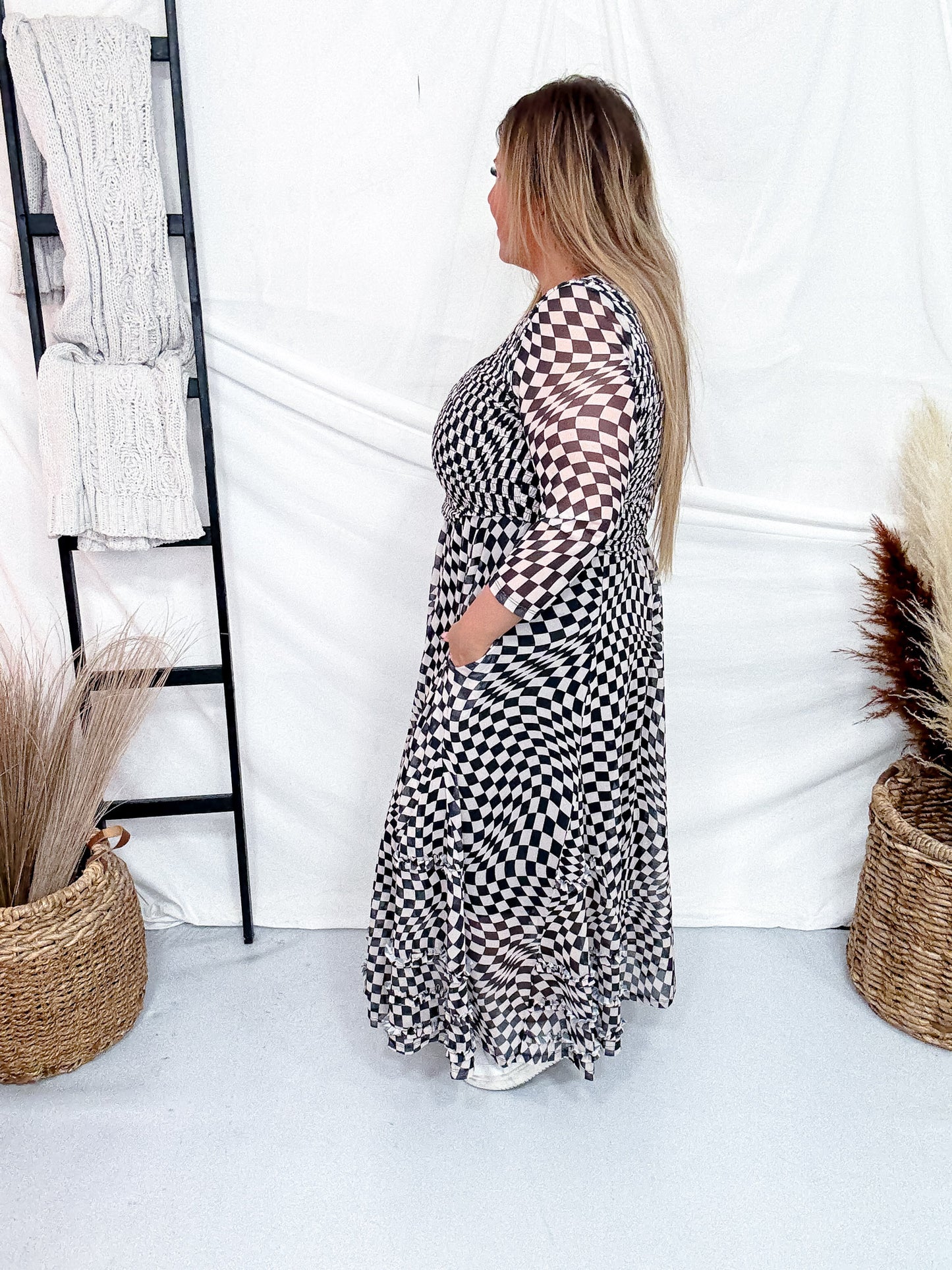 Black And Taupe Checkered Mesh Maxi Dress