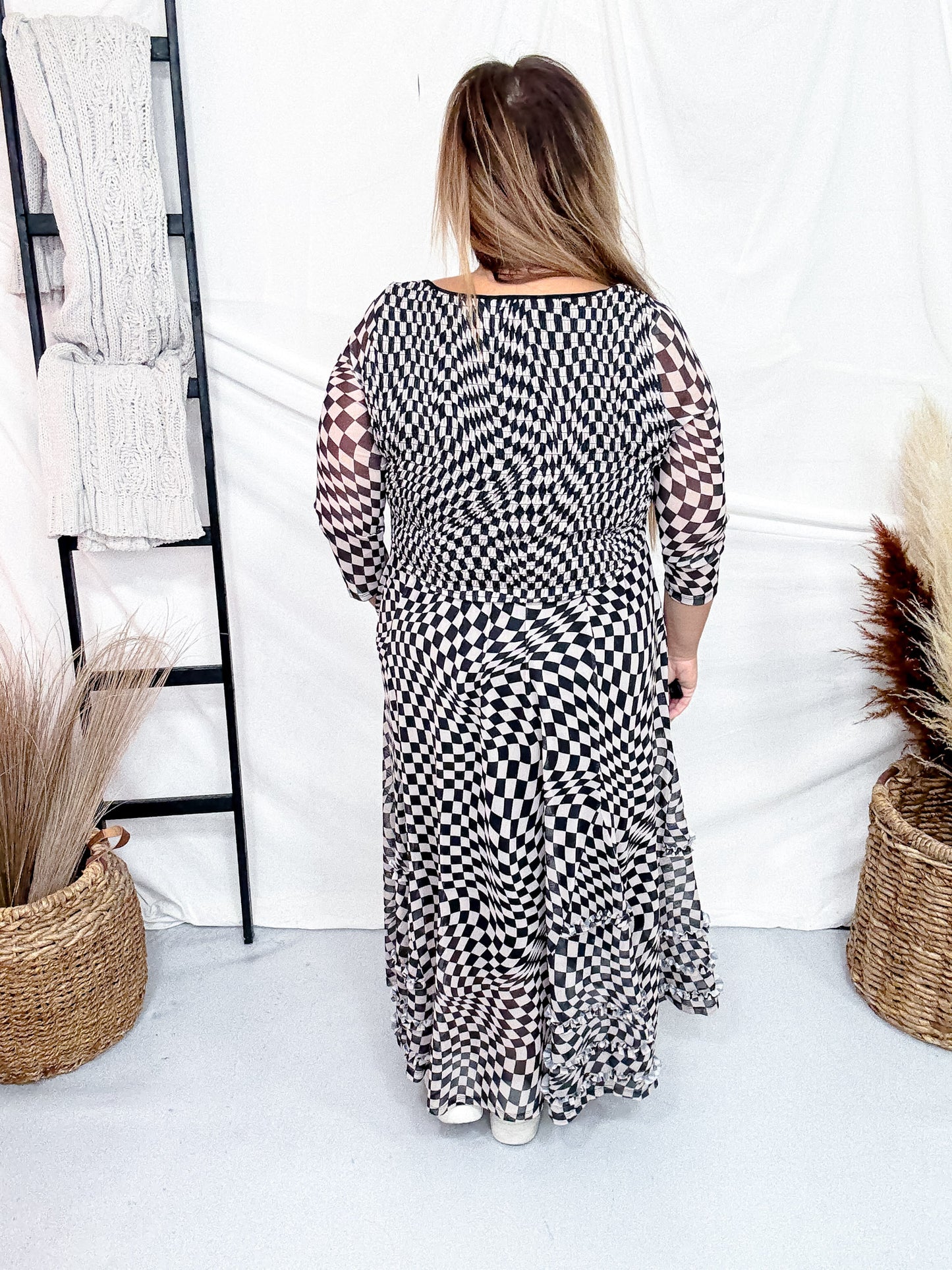 Black And Taupe Checkered Mesh Maxi Dress