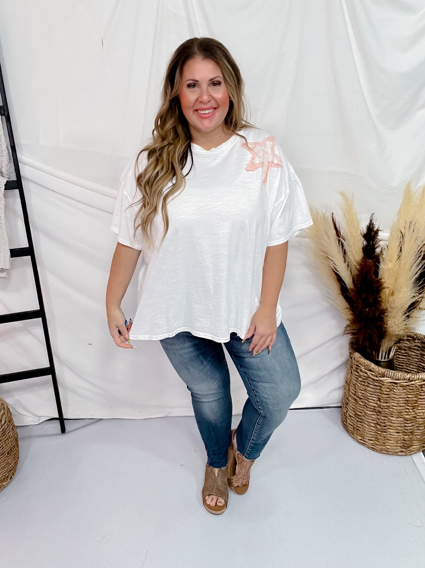 White & Coral Mineral Washed Star Patch Short Sleeve Top