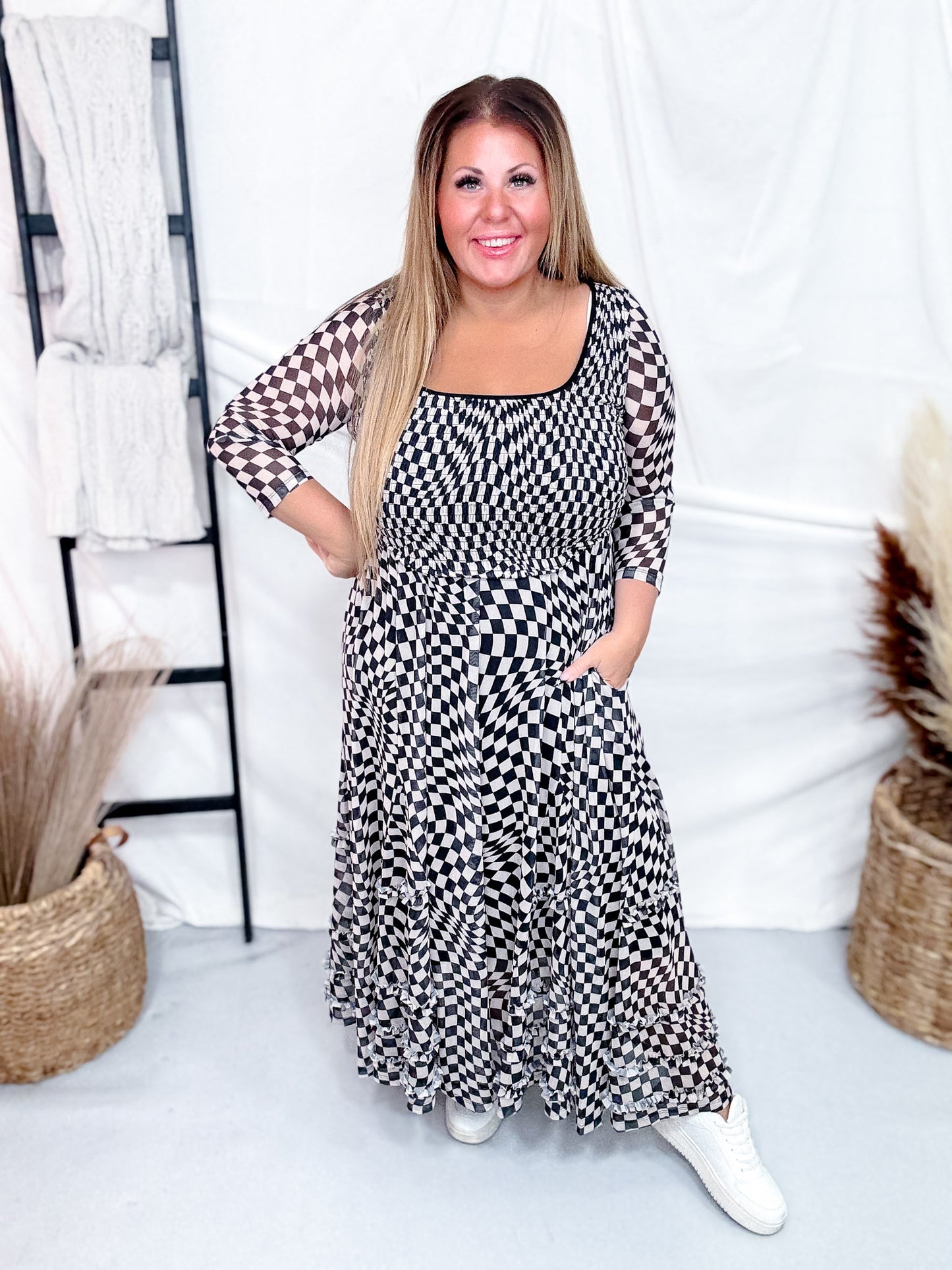 Black And Taupe Checkered Mesh Maxi Dress