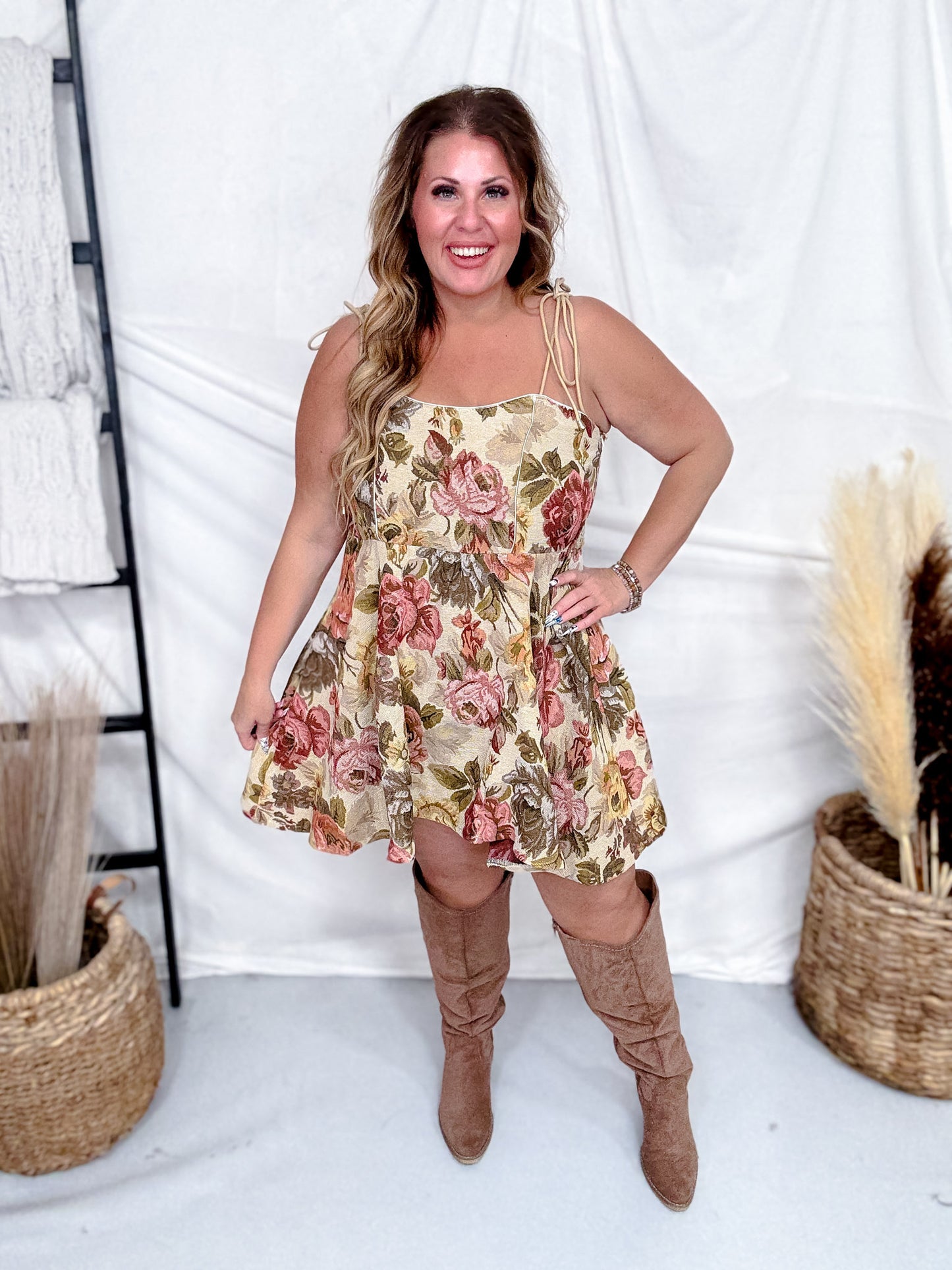 Jacquard Floral Print Tank Mini Dress