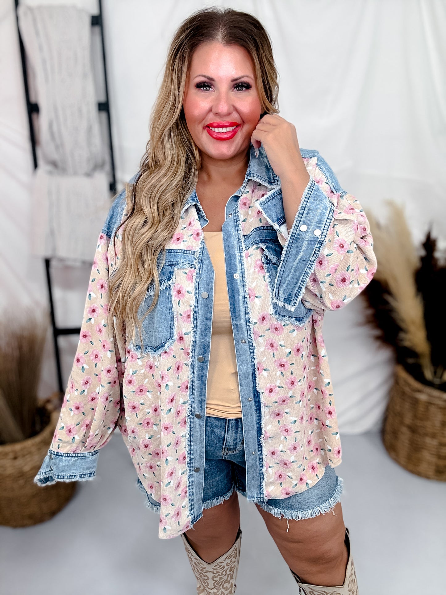 Floral Corduroy Washed Denim Mix & Match Shirt