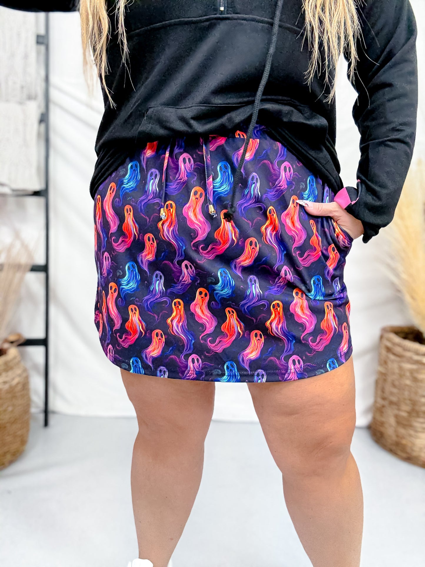 Colorful Ghost Print Elastic Waist Skort