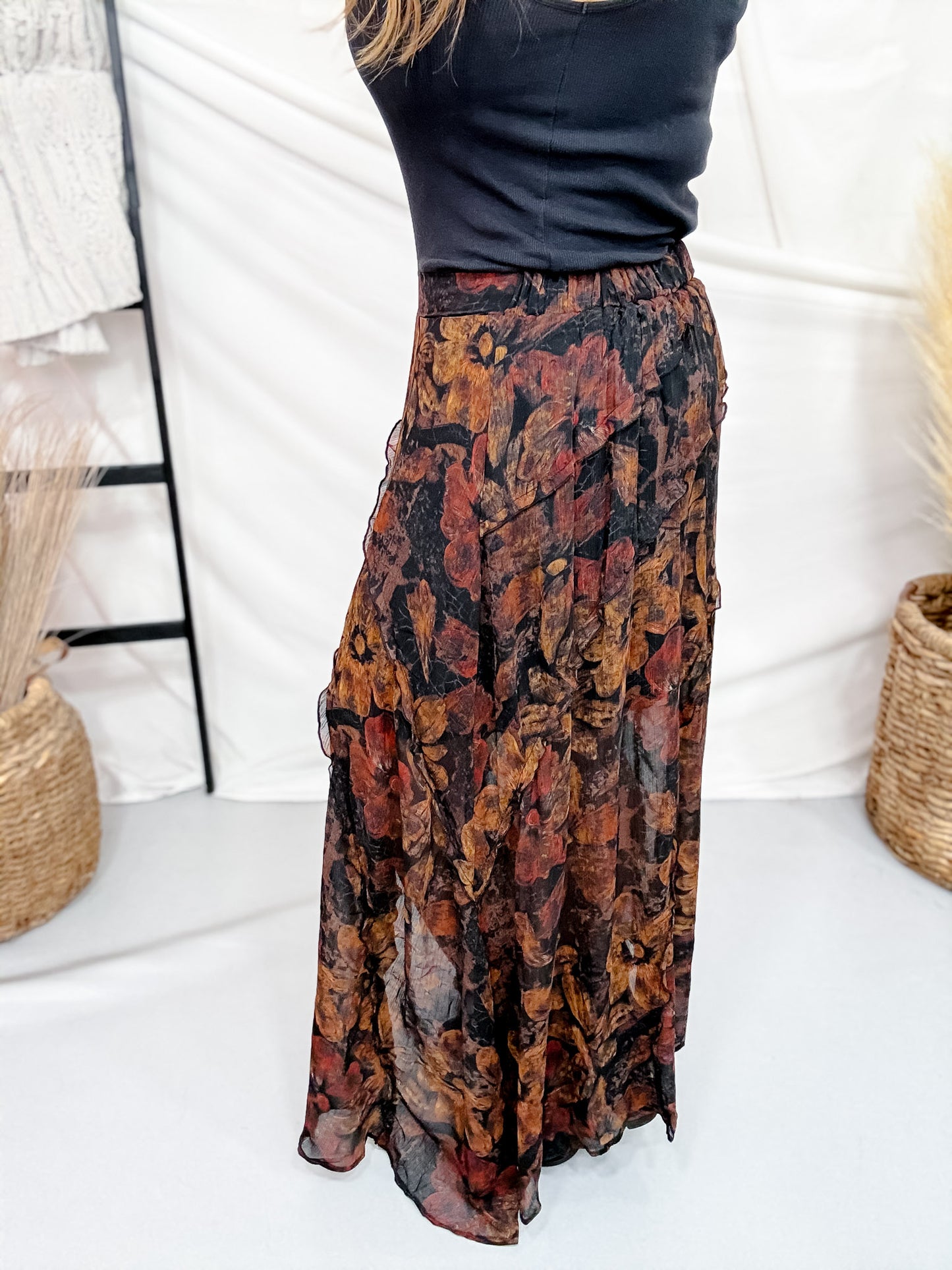 Floral Maxi Skirt W/ Reverse Seam Details