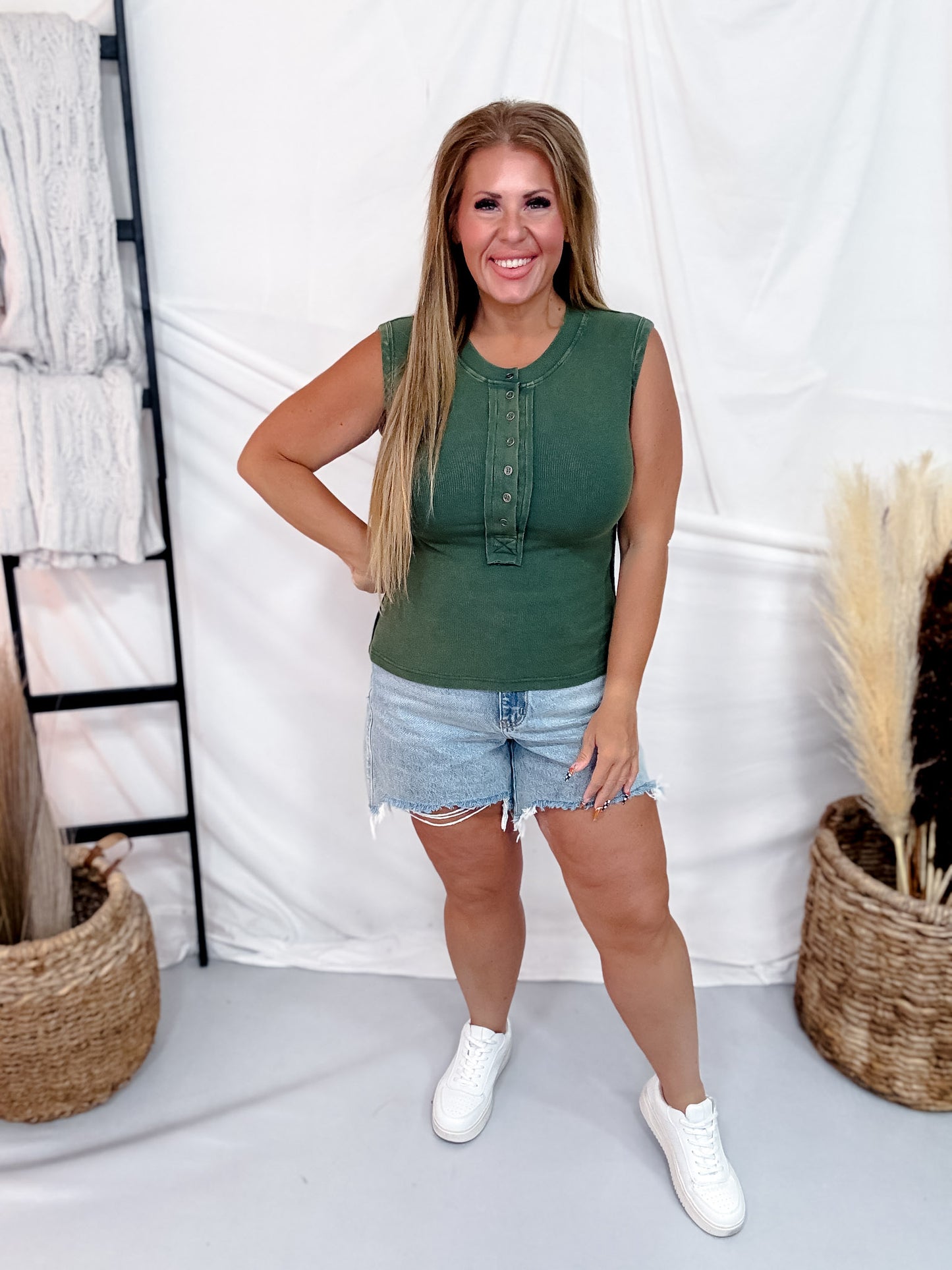 Mineral Washed Pine Green Half Button Front Muscle Tank