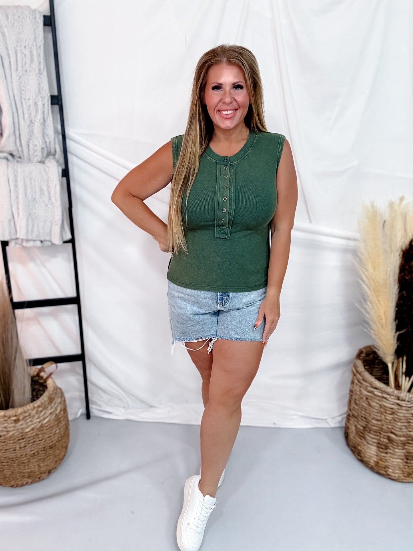 Mineral Washed Pine Green Half Button Front Muscle Tank