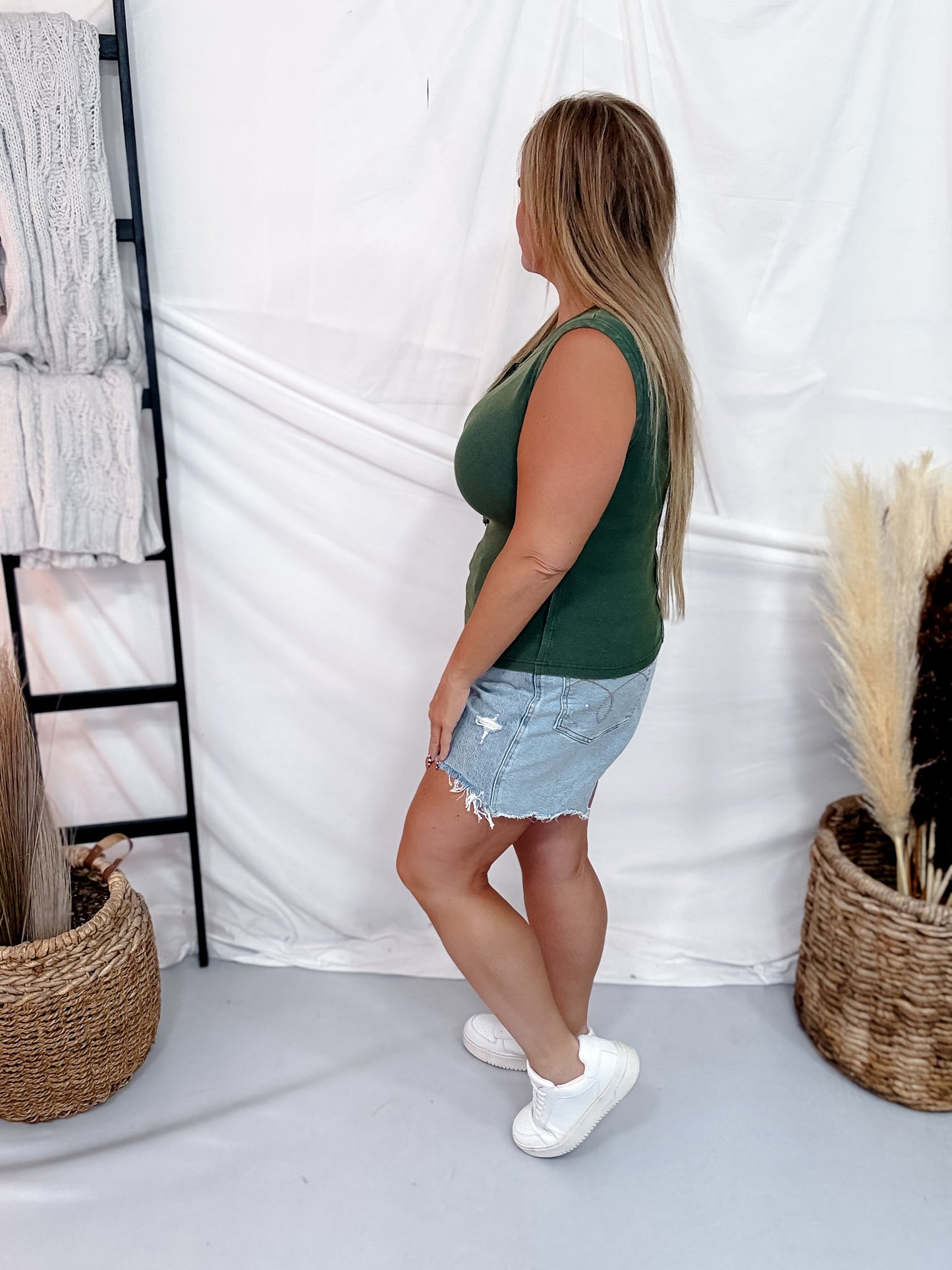 Mineral Washed Pine Green Half Button Front Muscle Tank