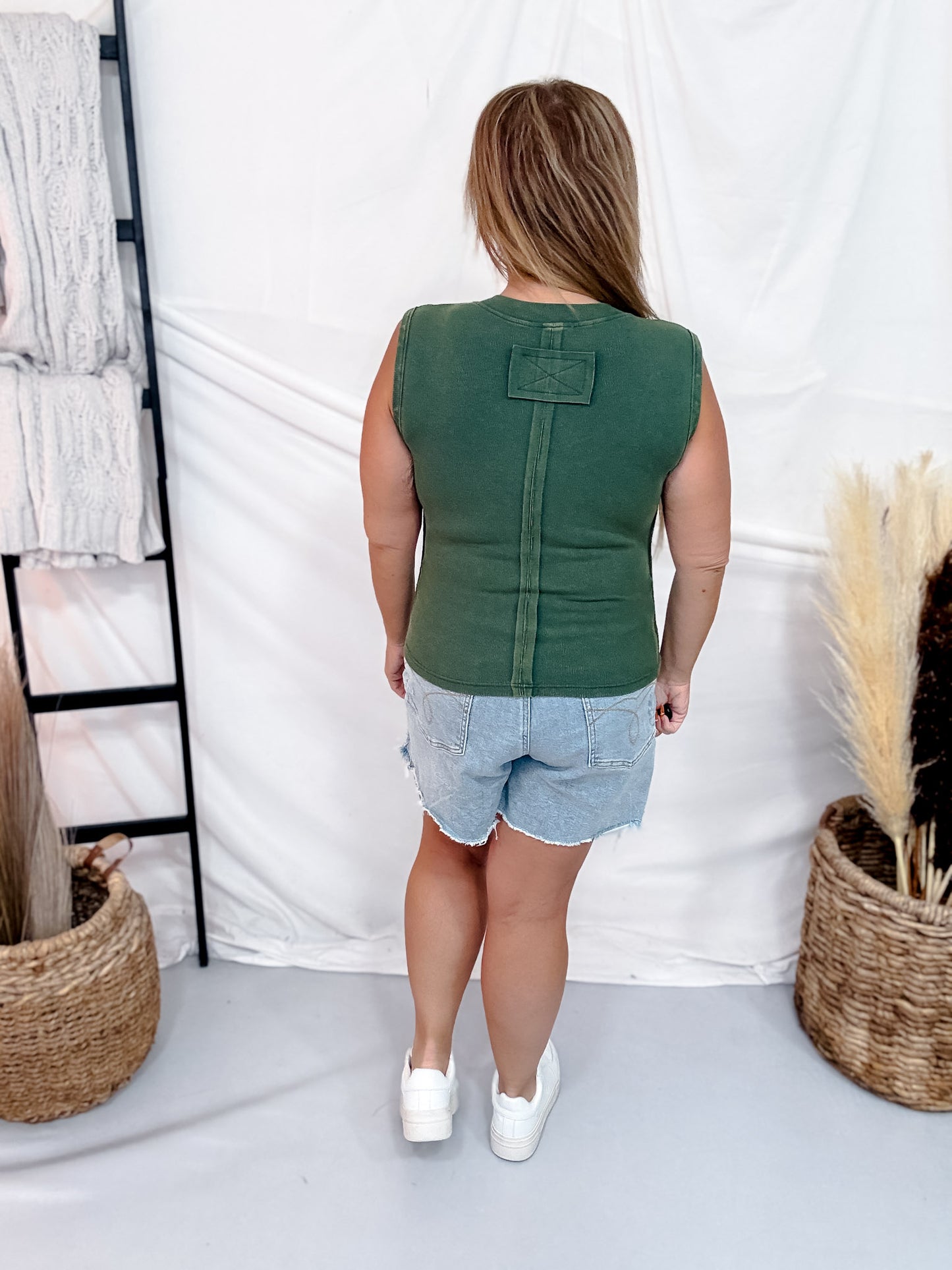 Mineral Washed Pine Green Half Button Front Muscle Tank
