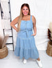 Washed Denim Tiered Midi Dress With Waist Tie