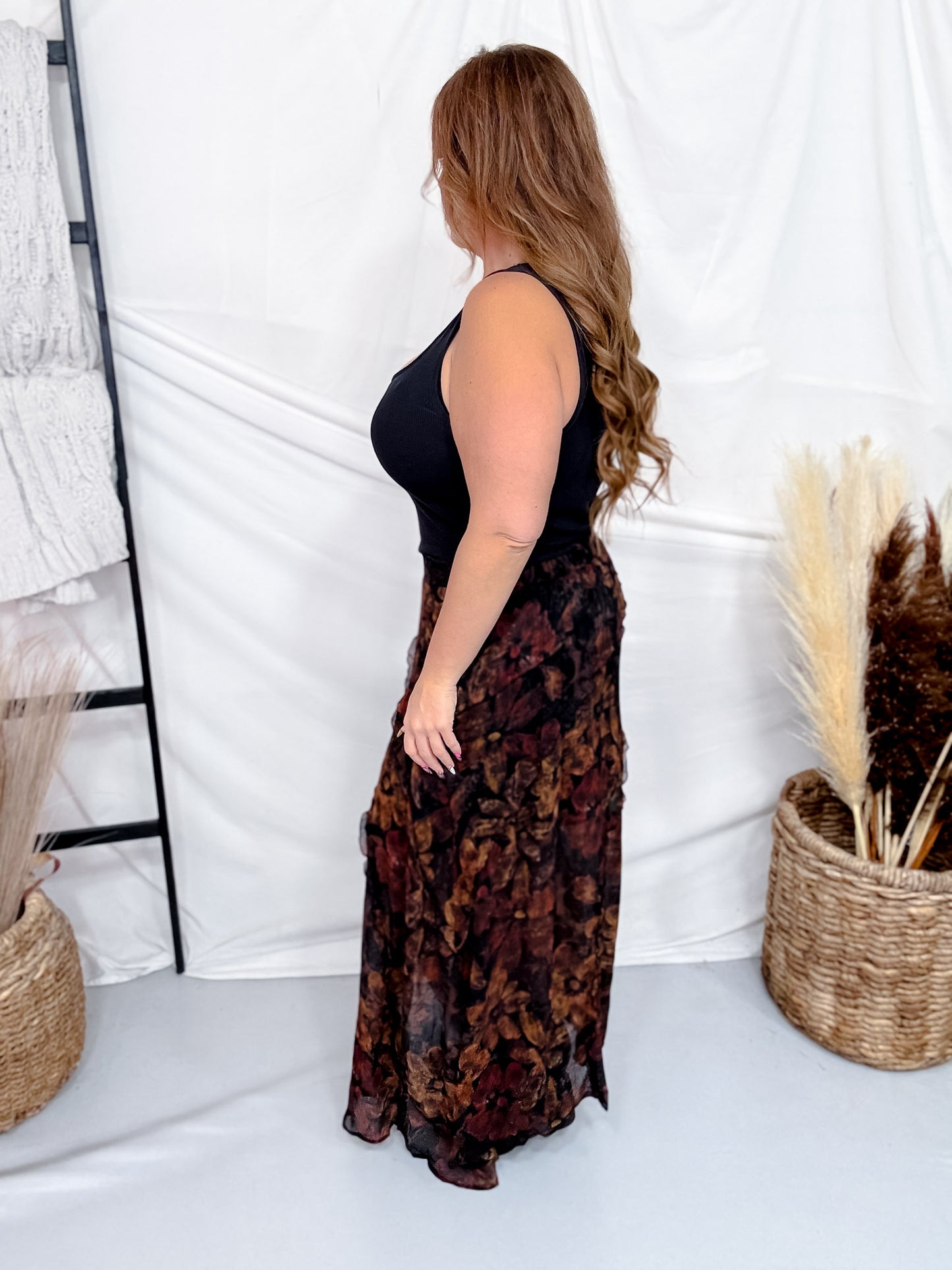 Floral Maxi Skirt W/ Reverse Seam Details