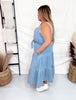 Washed Denim Tiered Midi Dress With Waist Tie