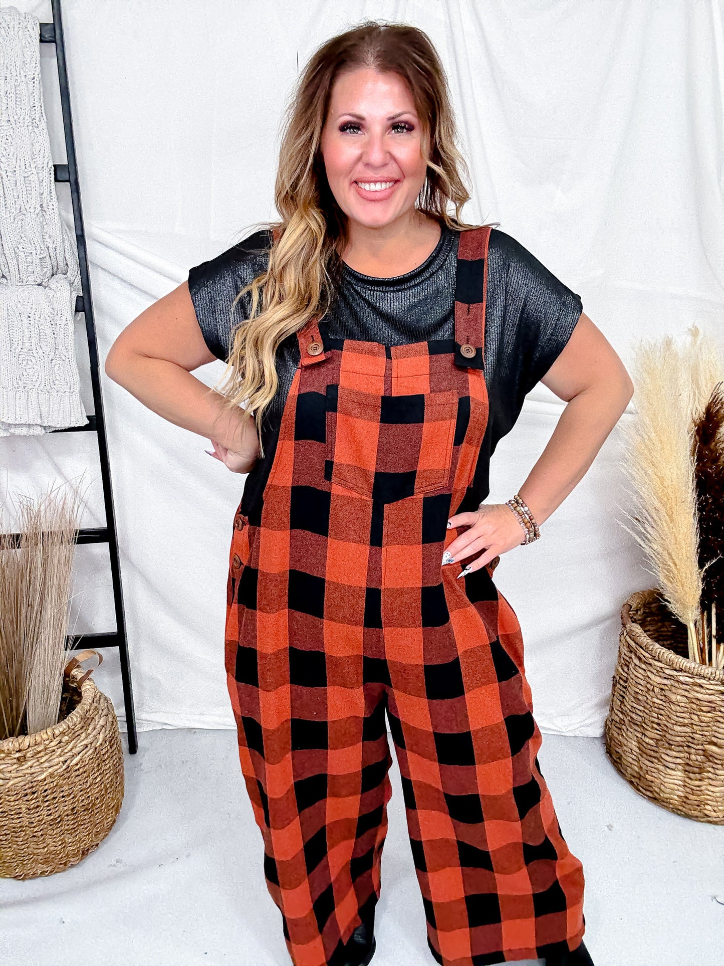 Orange & Black Plaid Flannel Wide Leg Overalls FINAL SALE