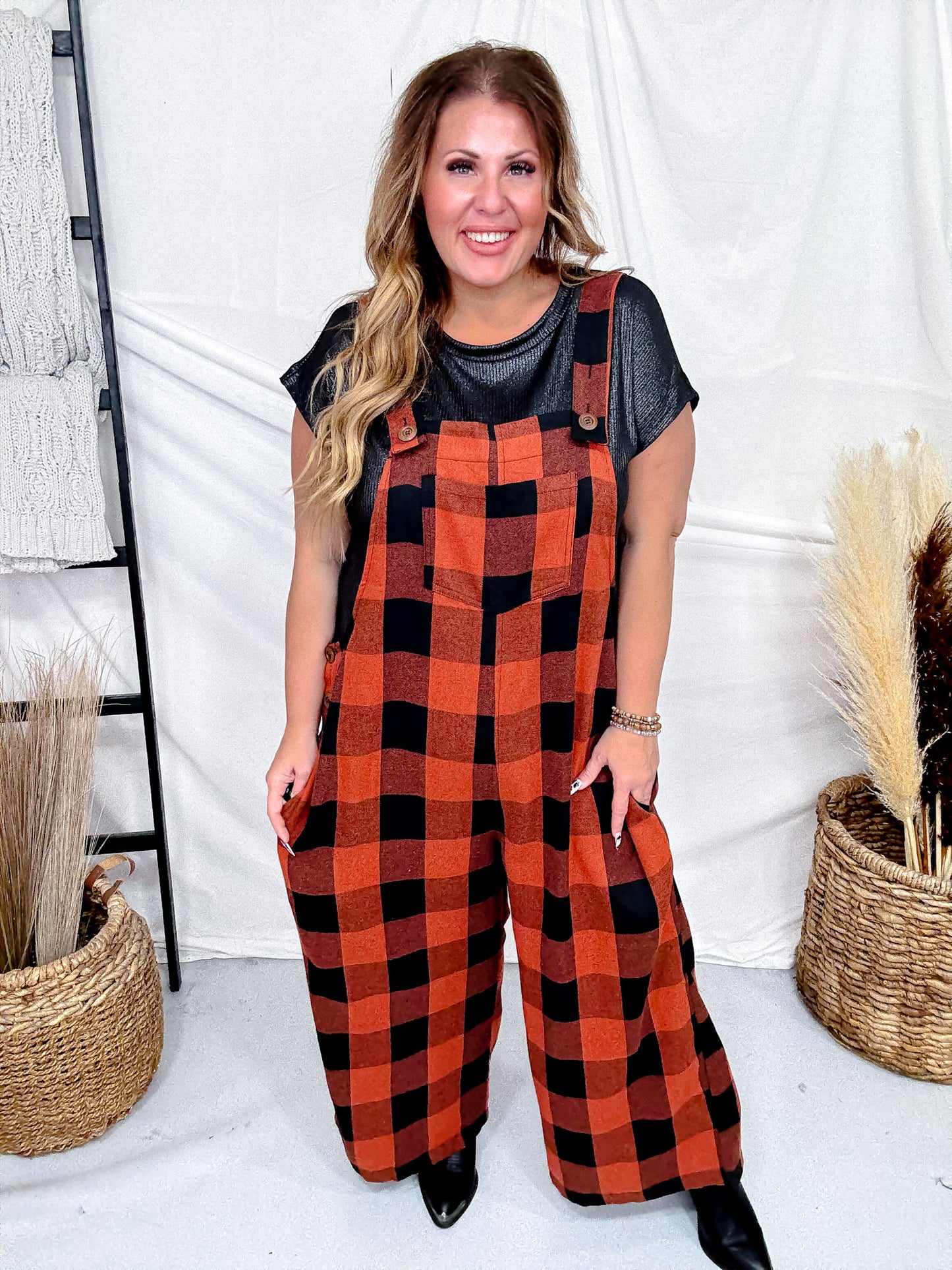 Orange & Black Plaid Flannel Wide Leg Overalls FINAL SALE