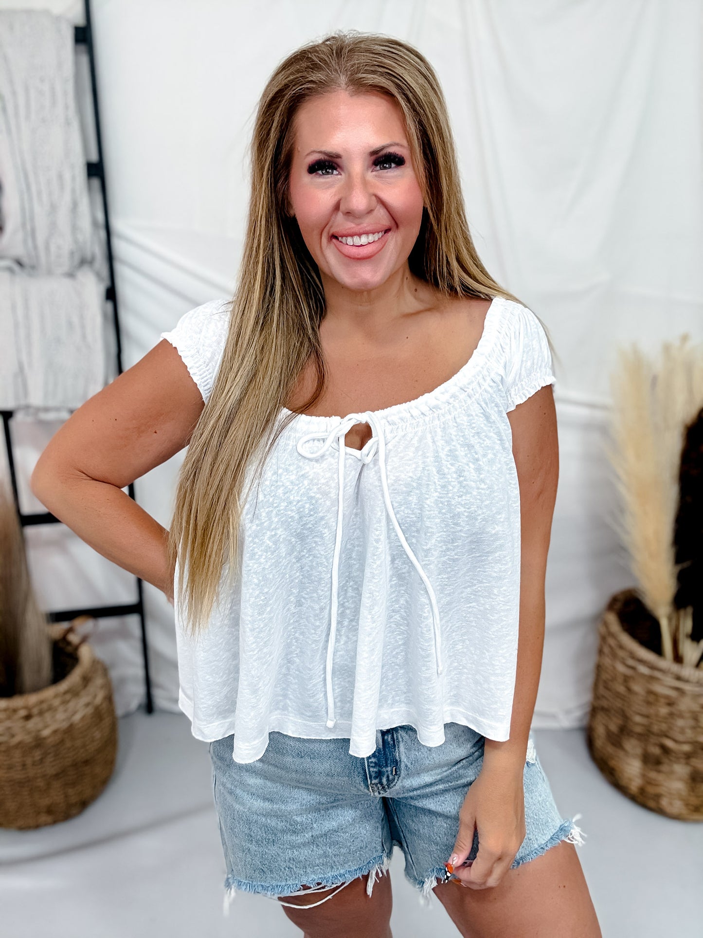 White Short Sleeve Swing Top With Tie Front