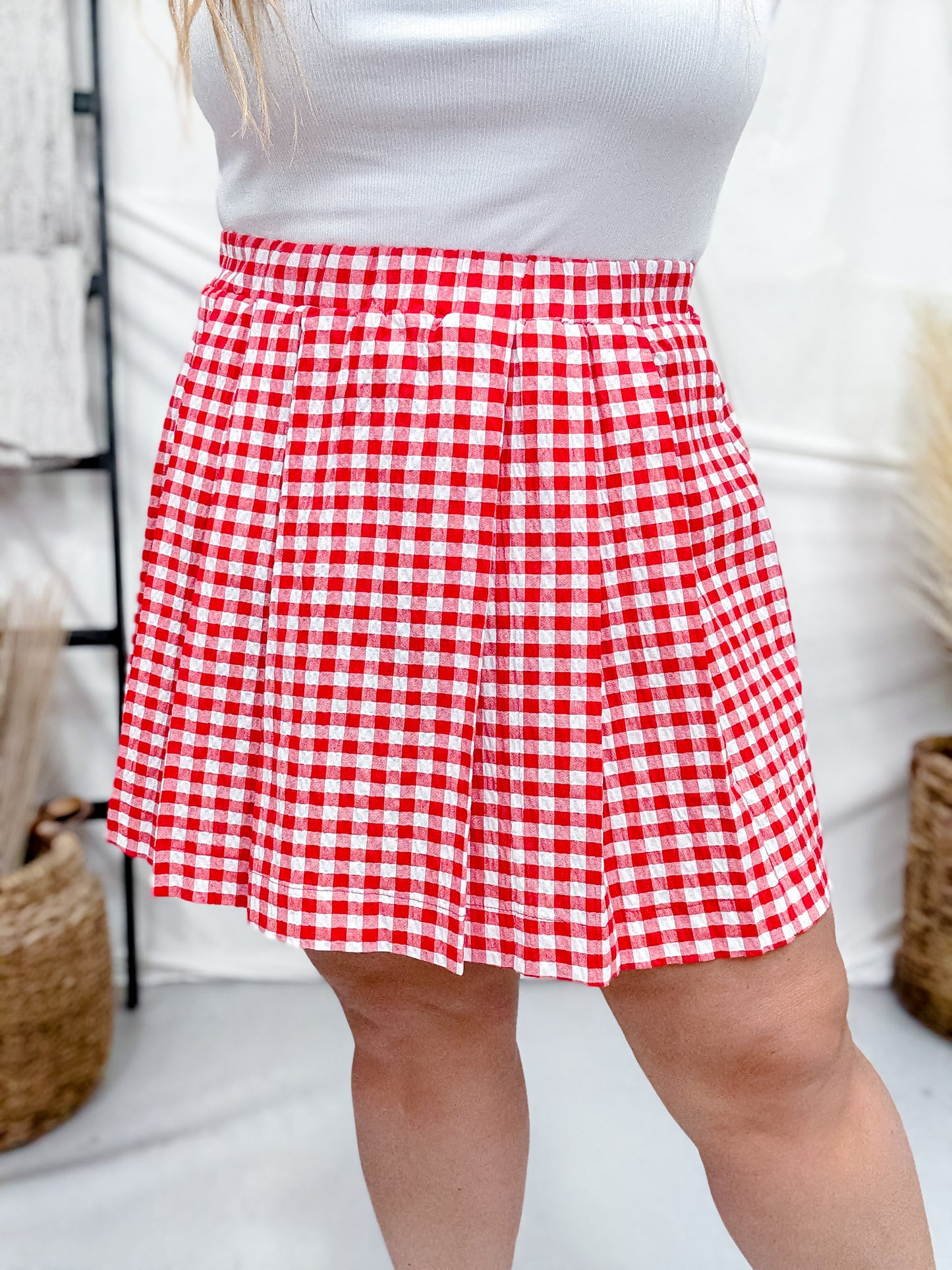 Red & White Gingham Pleated Mini Skirt