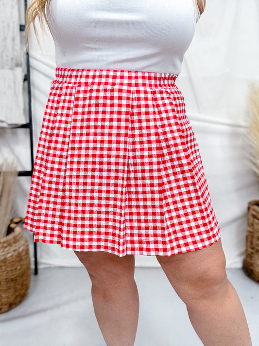 Red & White Gingham Pleated Mini Skirt