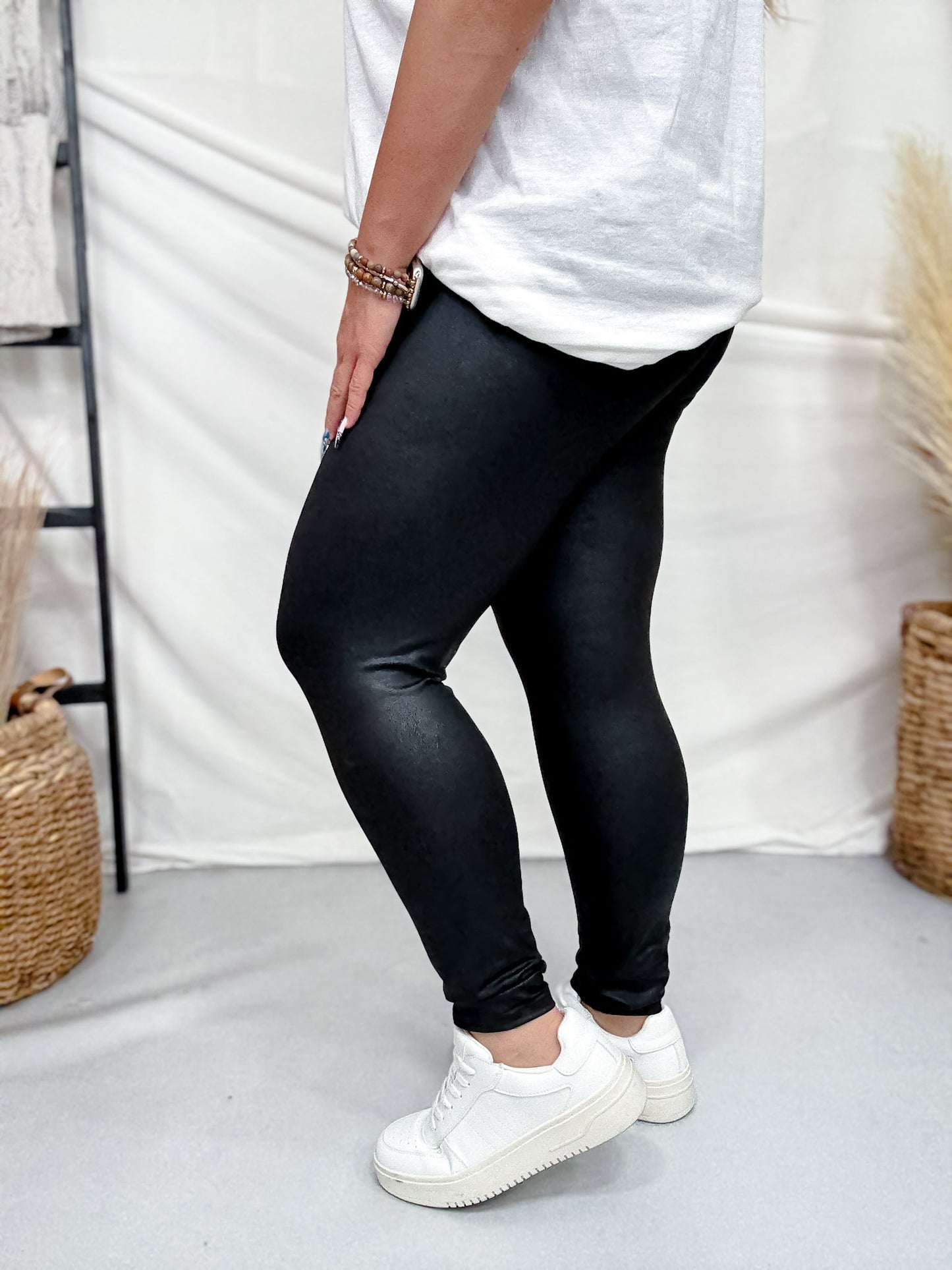 High-Waist Solid Black Leggings W/ Wide Yoga Waistband