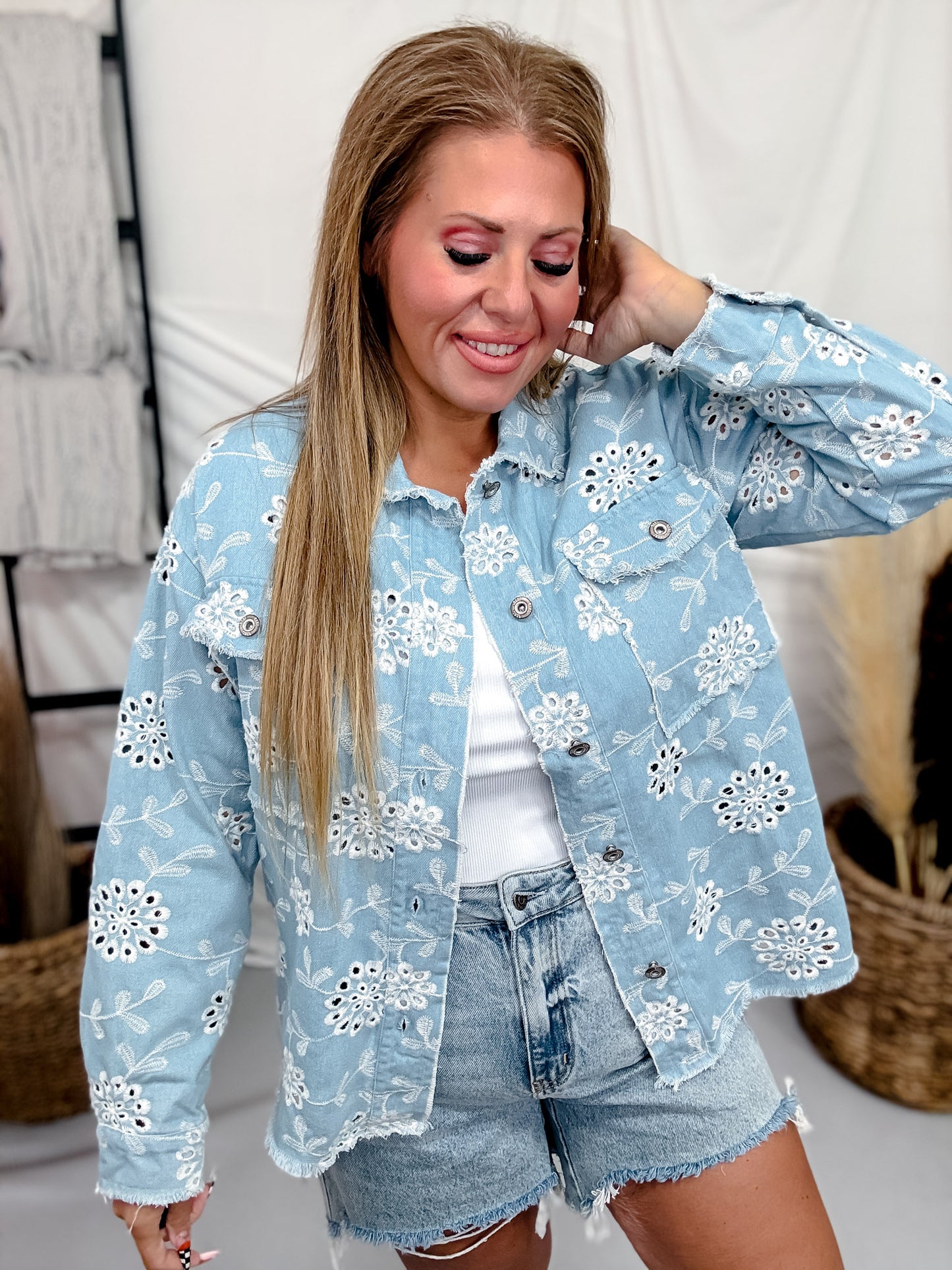 Light Denim Eyelet Embroidered Jacket