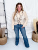 Long Sleeve Blouse W/ Cascading Front Ruffles Trimmed In Black