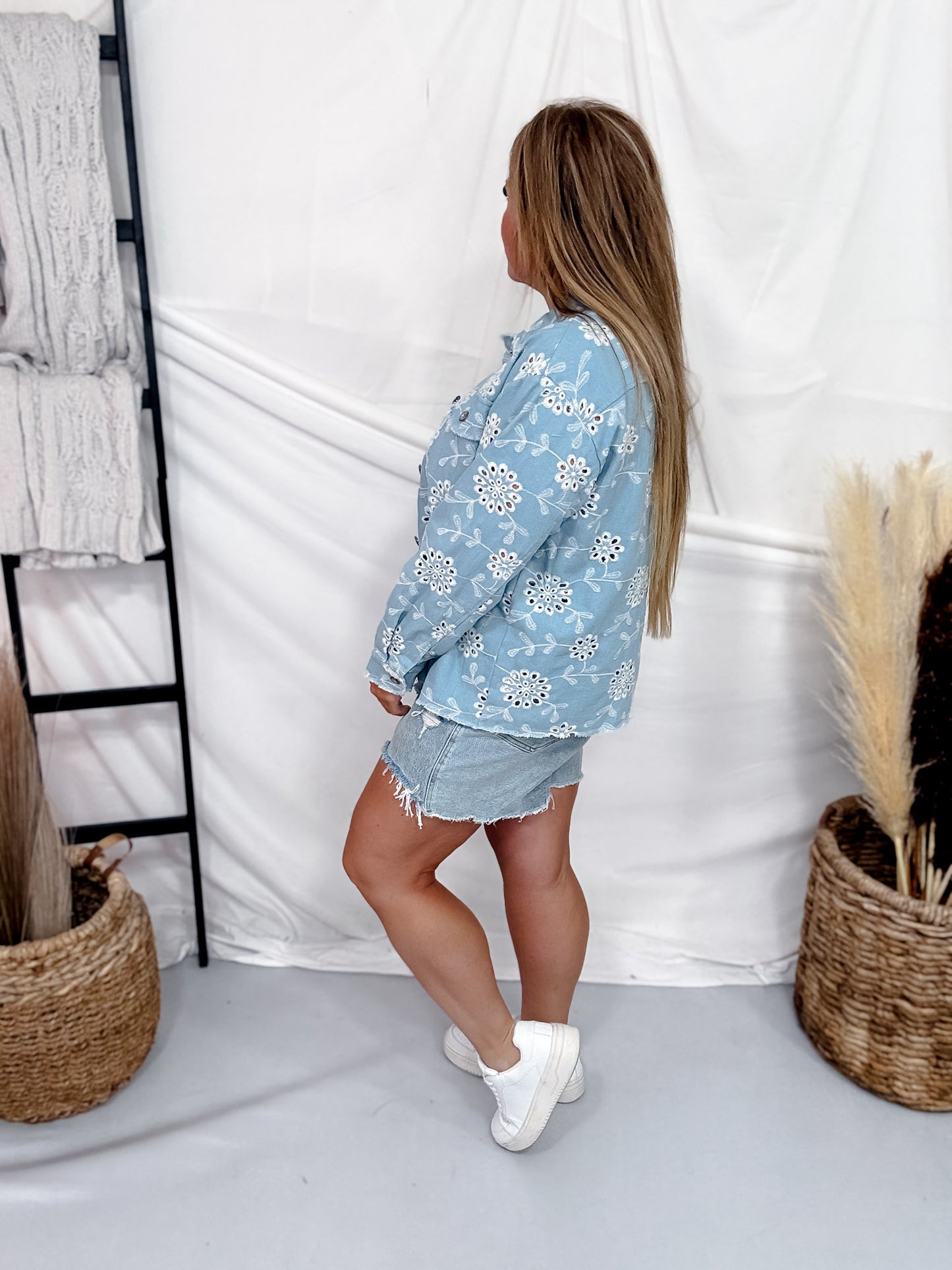 Light Denim Eyelet Embroidered Jacket