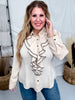 Long Sleeve Blouse W/ Cascading Front Ruffles Trimmed In Black
