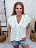 Mint & Pink Striped Crochet Top With Scalloped V-Neckline