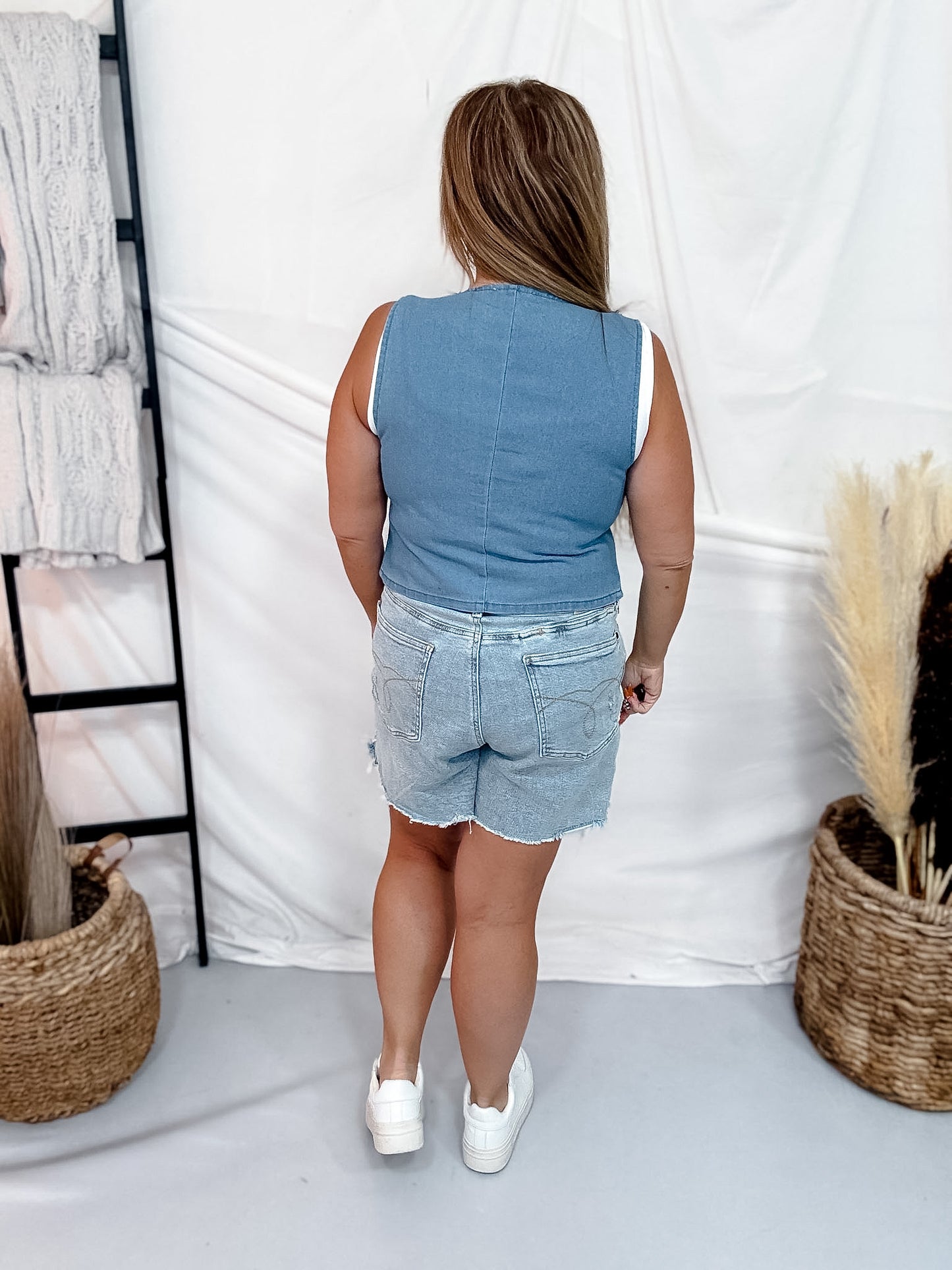 Sleeveless Open Front Denim Top With Bowtie Closures