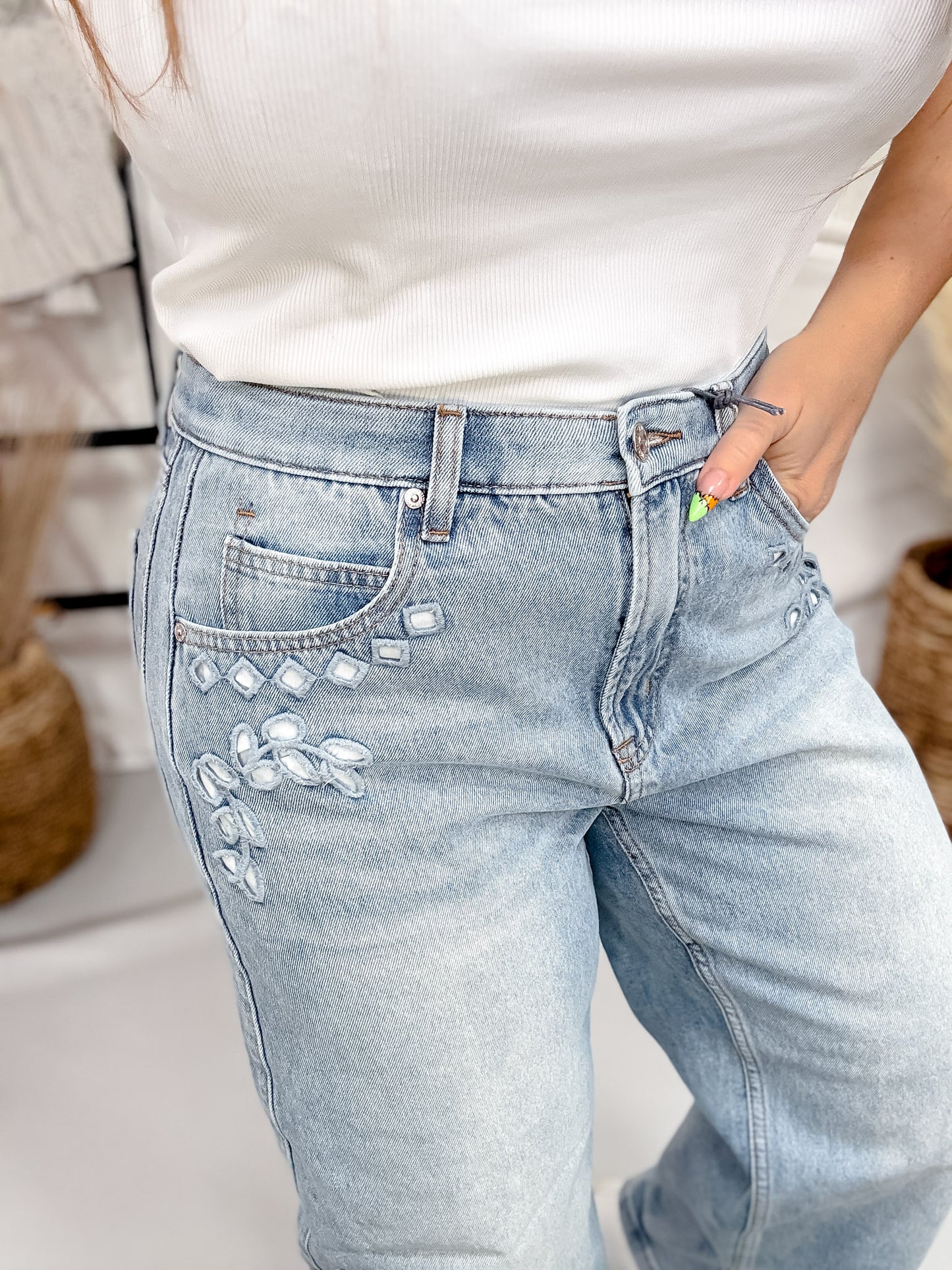 Saige Denim Barrel Leg Jeans With Eyelet Embroidery