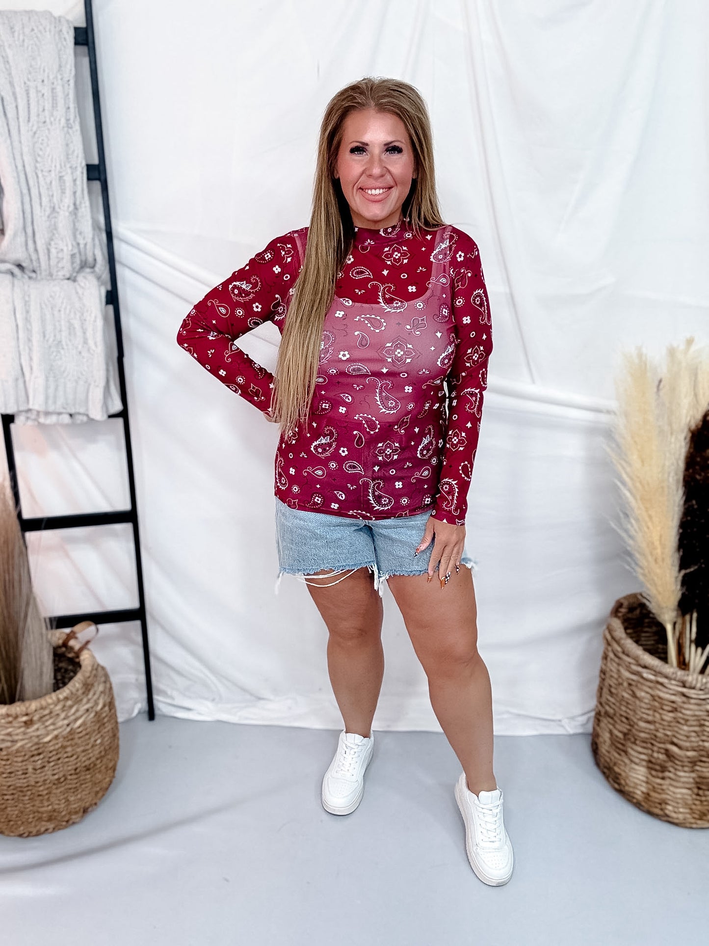 Maroon Bandana Babe Long Sleeve Mesh Top